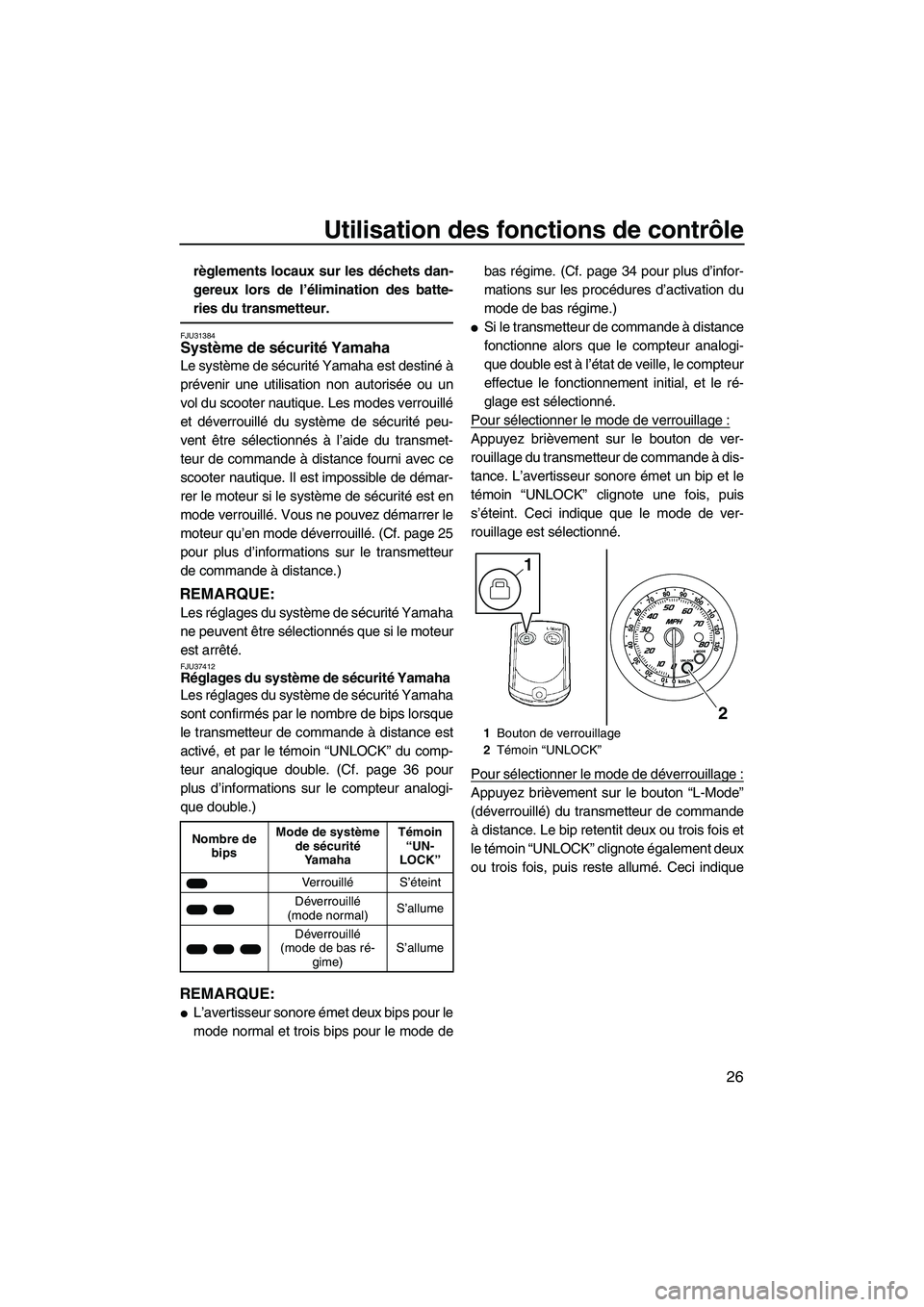 YAMAHA FZR 2013 Notices Demploi (in French) Utilisation des fonctions de contrôle
26
règlements locaux sur les déchets dan-
gereux lors de l’élimination des batte-
ries du transmetteur.
FJU31384Système de sécurité Yamaha
Le système d YAMAHA FZR 2013 Notices Demploi (in French) Utilisation des fonctions de contrôle
26
règlements locaux sur les déchets dan-
gereux lors de l’élimination des batte-
ries du transmetteur.
FJU31384Système de sécurité Yamaha
Le système d