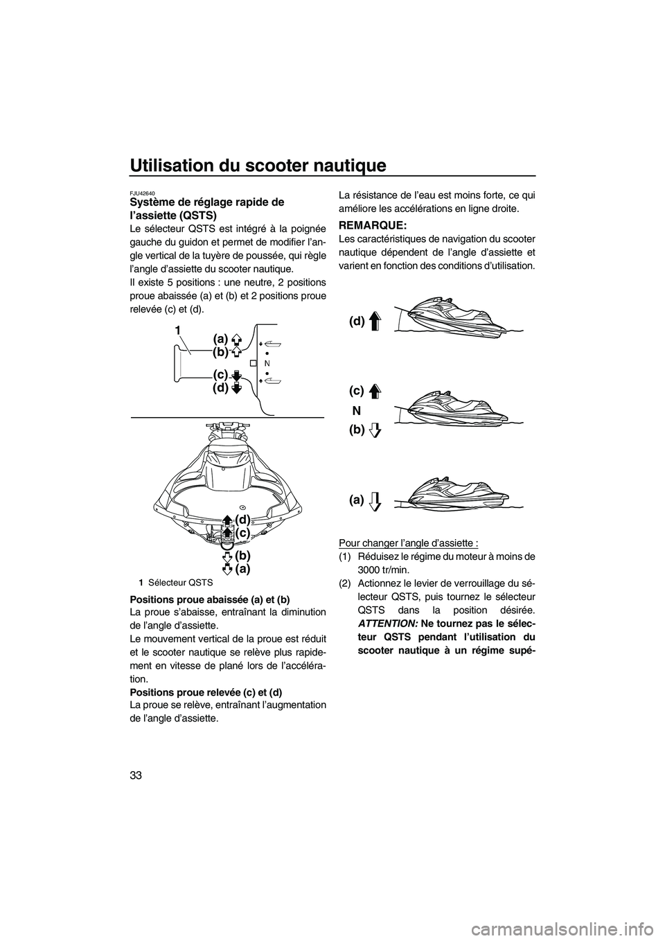 YAMAHA FZR 2013 Notices Demploi (in French) Utilisation du scooter nautique
33
FJU42640Système de réglage rapide de
l’assiette (QSTS)
Le sélecteur QSTS est intégré à la poignée
gauche du guidon et permet de modifier l’an-
gle verti YAMAHA FZR 2013 Notices Demploi (in French) Utilisation du scooter nautique
33
FJU42640Système de réglage rapide de
l’assiette (QSTS)
Le sélecteur QSTS est intégré à la poignée
gauche du guidon et permet de modifier l’an-
gle verti