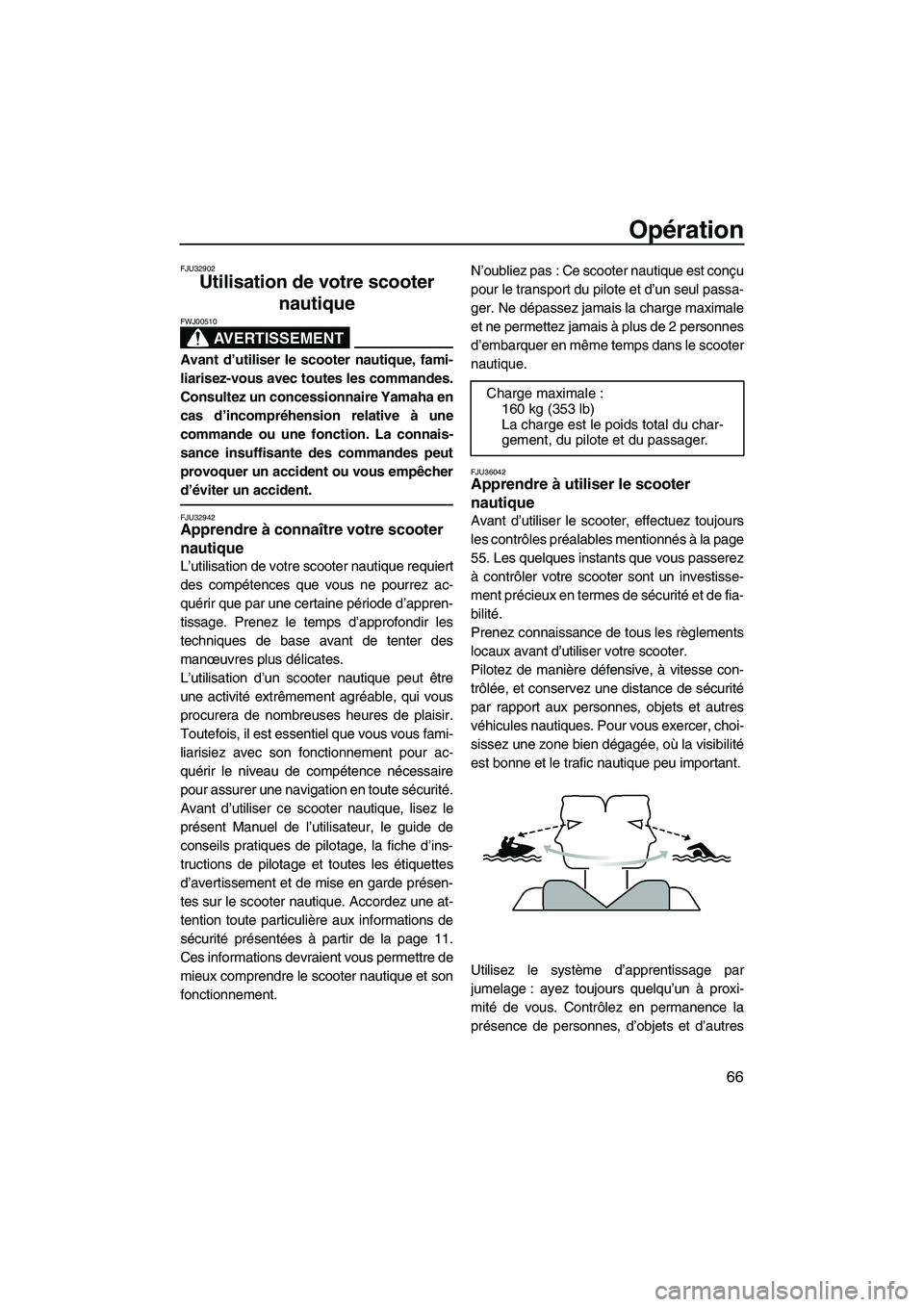YAMAHA FZR 2013 Notices Demploi (in French) Opération
66
FJU32902
Utilisation de votre scooter nautique
AVERTISSEMENT
FWJ00510
Avant d’utiliser le scooter nautique, fami-
liarisez-vous avec toutes les commandes.
Consultez un concessionnaire YAMAHA FZR 2013 Notices Demploi (in French) Opération
66
FJU32902
Utilisation de votre scooter nautique
AVERTISSEMENT
FWJ00510
Avant d’utiliser le scooter nautique, fami-
liarisez-vous avec toutes les commandes.
Consultez un concessionnaire