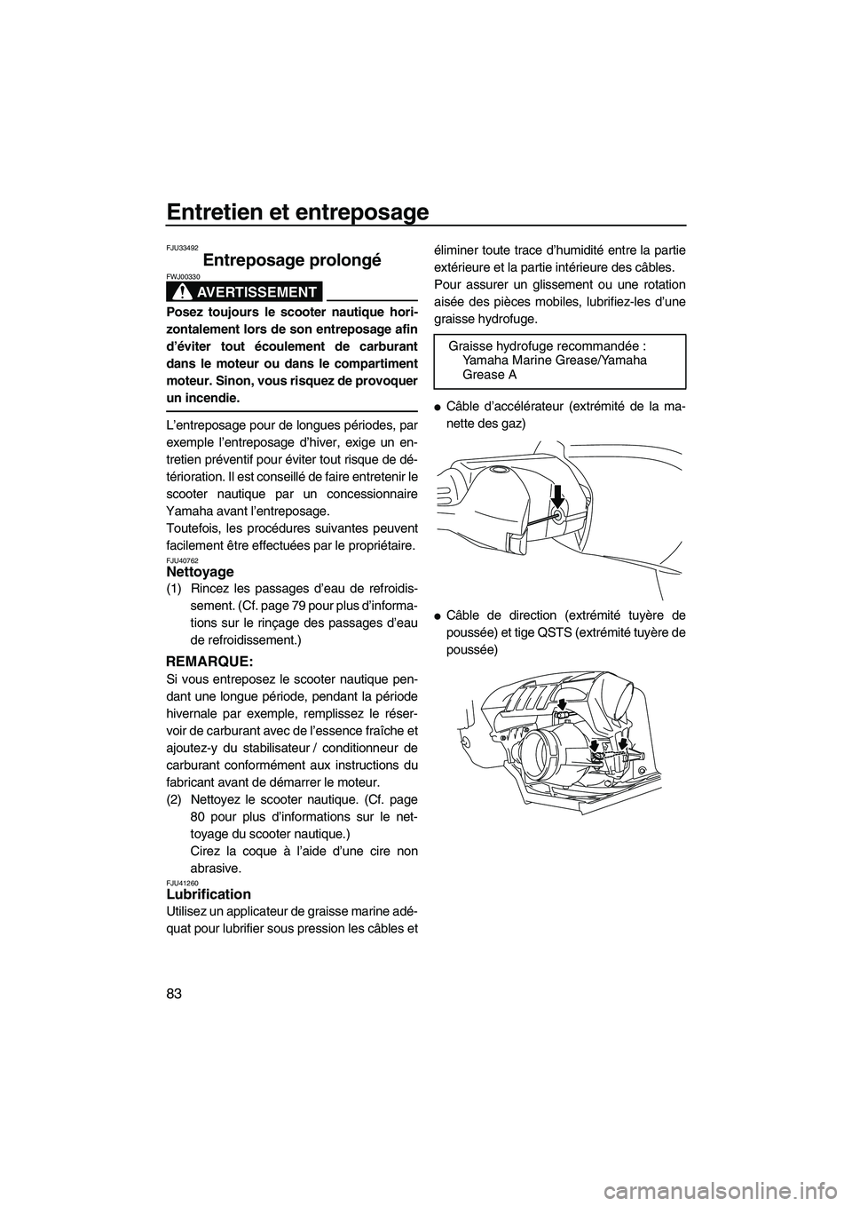 YAMAHA FZR 2013 Notices Demploi (in French) Entretien et entreposage
83
FJU33492
Entreposage prolongé
AVERTISSEMENT
FWJ00330
Posez toujours le scooter nautique hori-
zontalement lors de son entreposage afin
d’éviter tout écoulement de car YAMAHA FZR 2013 Notices Demploi (in French) Entretien et entreposage
83
FJU33492
Entreposage prolongé
AVERTISSEMENT
FWJ00330
Posez toujours le scooter nautique hori-
zontalement lors de son entreposage afin
d’éviter tout écoulement de car