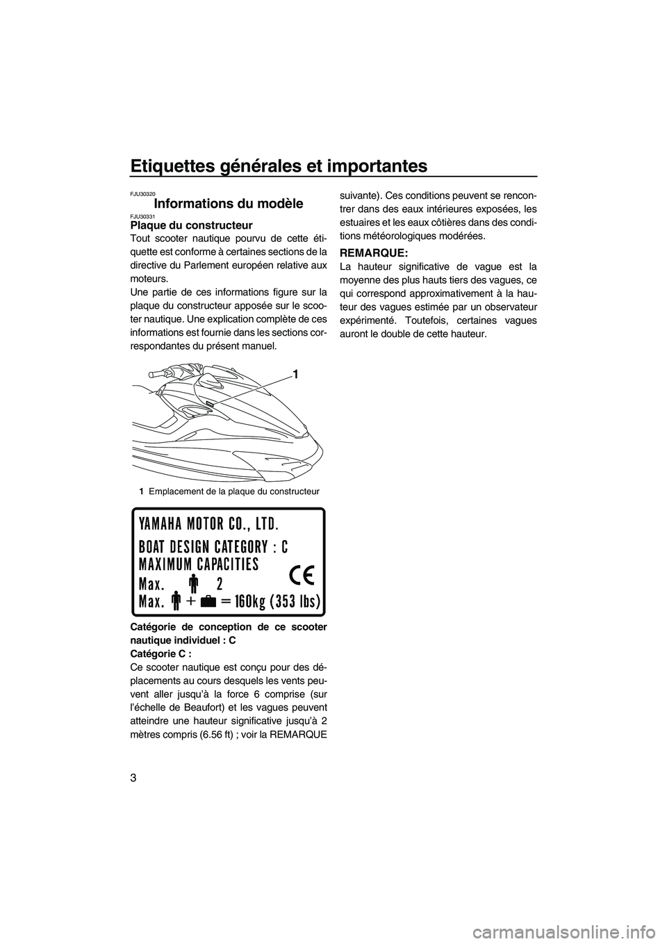 YAMAHA FZR 2013  Notices Demploi (in French) Etiquettes générales et importantes
3
FJU30320
Informations du modèle FJU30331Plaque du constructeur 
Tout scooter nautique pourvu de cette éti-
quette est conforme à certaines sections de la
dir