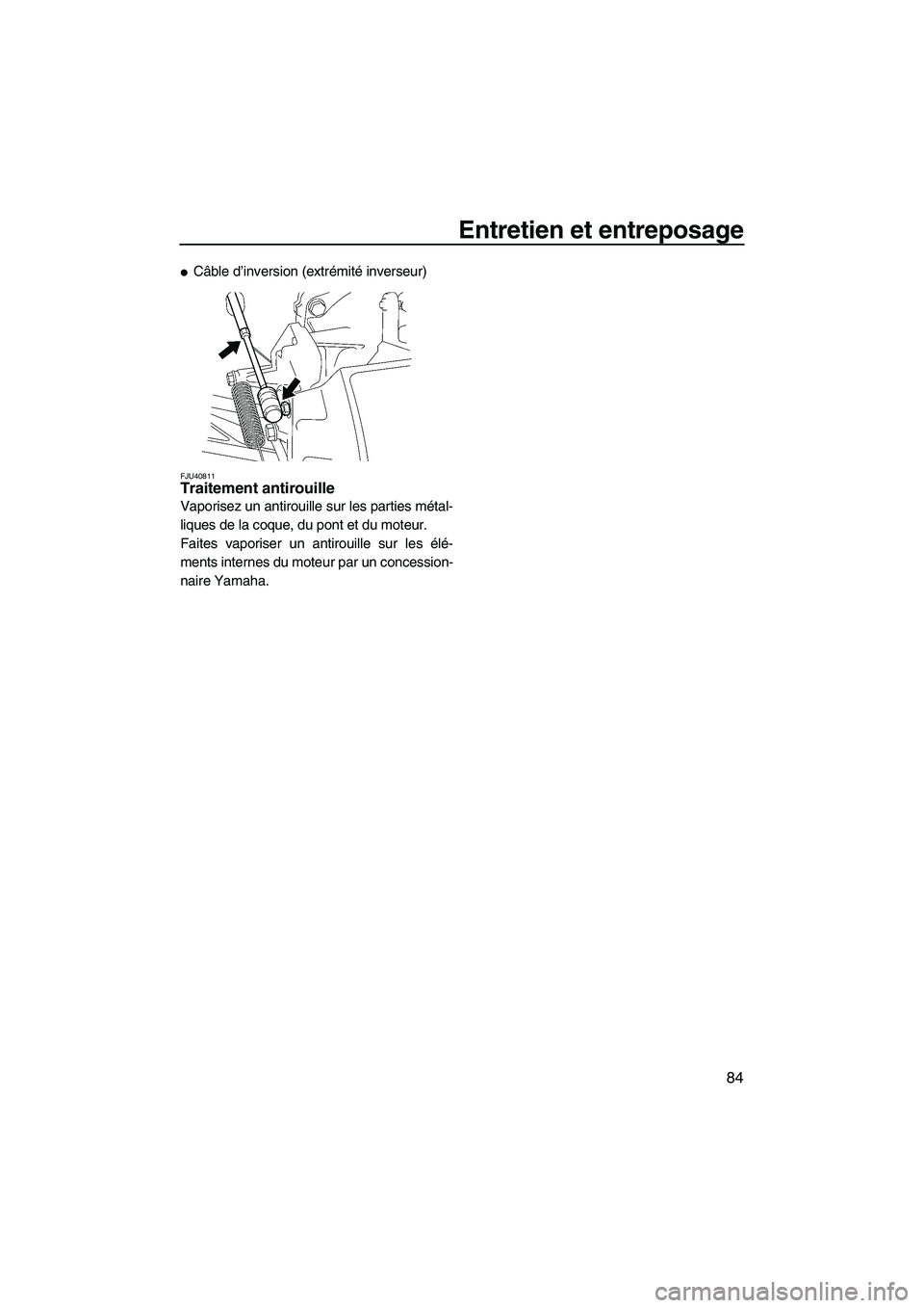 YAMAHA FZR 2013 Notices Demploi (in French) Entretien et entreposage
84
●Câble d’inversion (extrémité inverseur)
FJU40811Traitement antirouille
Vaporisez un antirouille sur les parties métal-
liques de la coque, du pont et du moteur.
F YAMAHA FZR 2013 Notices Demploi (in French) Entretien et entreposage
84
●Câble d’inversion (extrémité inverseur)
FJU40811Traitement antirouille
Vaporisez un antirouille sur les parties métal-
liques de la coque, du pont et du moteur.
F