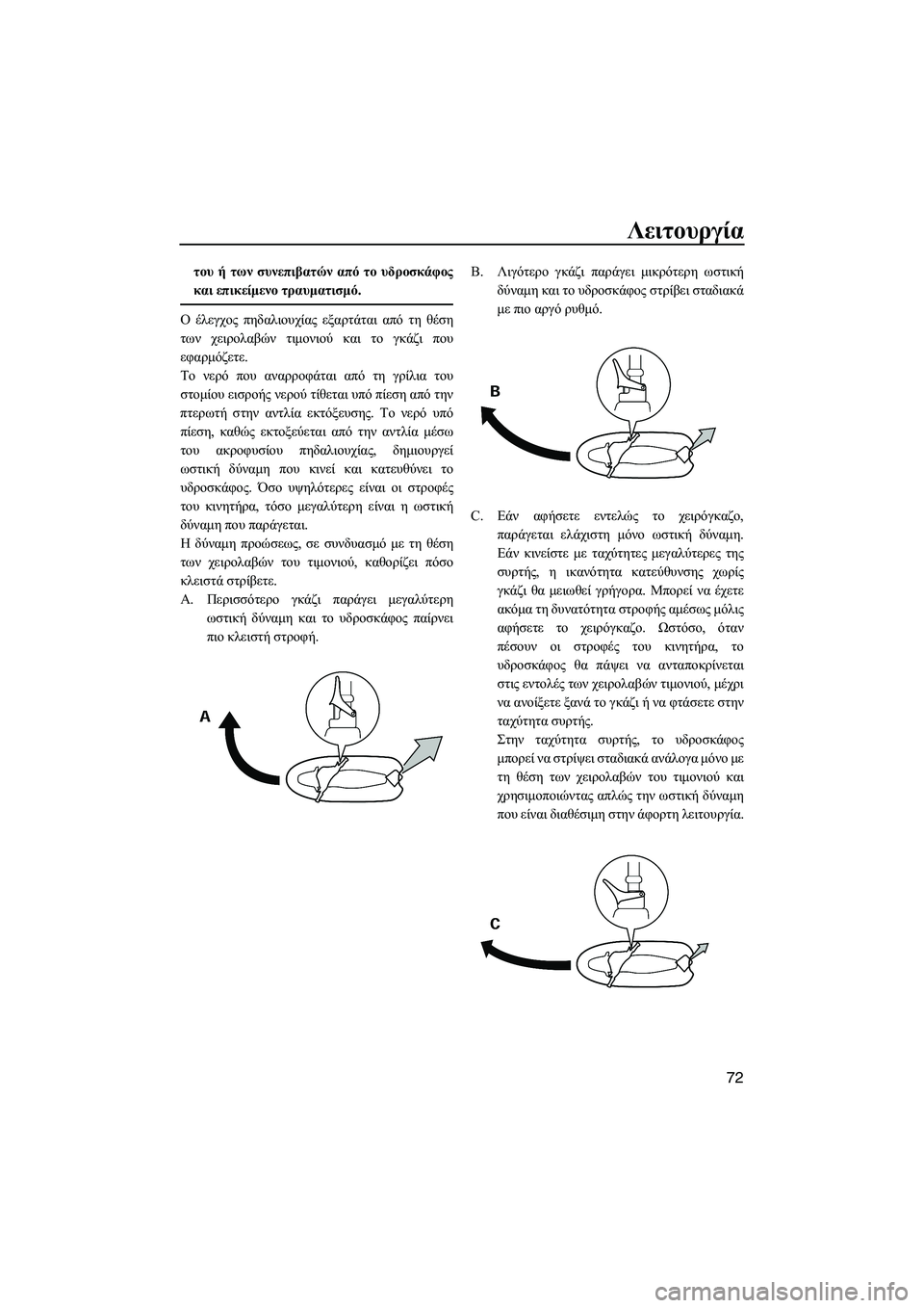 YAMAHA FZR 2013  ΟΔΗΓΌΣ ΧΡΉΣΗΣ (in Greek) Λειτουργία
72
του ή  των  συνεπιβατών  από  το  υδροσκάφος
και  επικείμενο  τραυματισμό.
Ο  έλεγχος  πηδαλιουχίας
