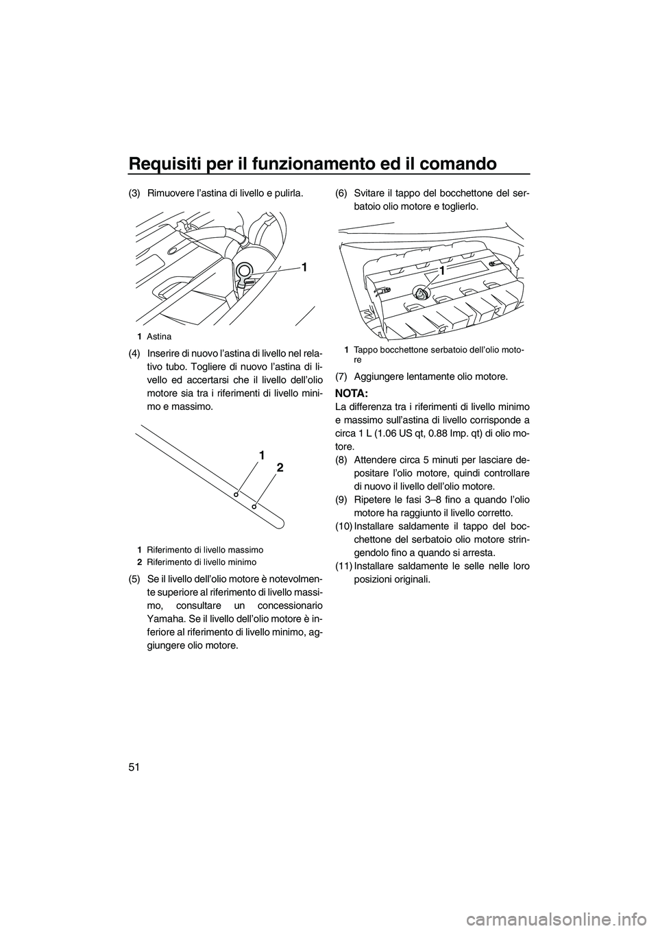 YAMAHA FZR 2013 Manuale duso (in Italian) Requisiti per il funzionamento ed il comando
51
(3) Rimuovere l’astina di livello e pulirla.
(4) Inserire di nuovo l’astina di livello nel rela-tivo tubo. Togliere di nuovo l’astina di li-
vello YAMAHA FZR 2013 Manuale duso (in Italian) Requisiti per il funzionamento ed il comando
51
(3) Rimuovere l’astina di livello e pulirla.
(4) Inserire di nuovo l’astina di livello nel rela-tivo tubo. Togliere di nuovo l’astina di li-
vello