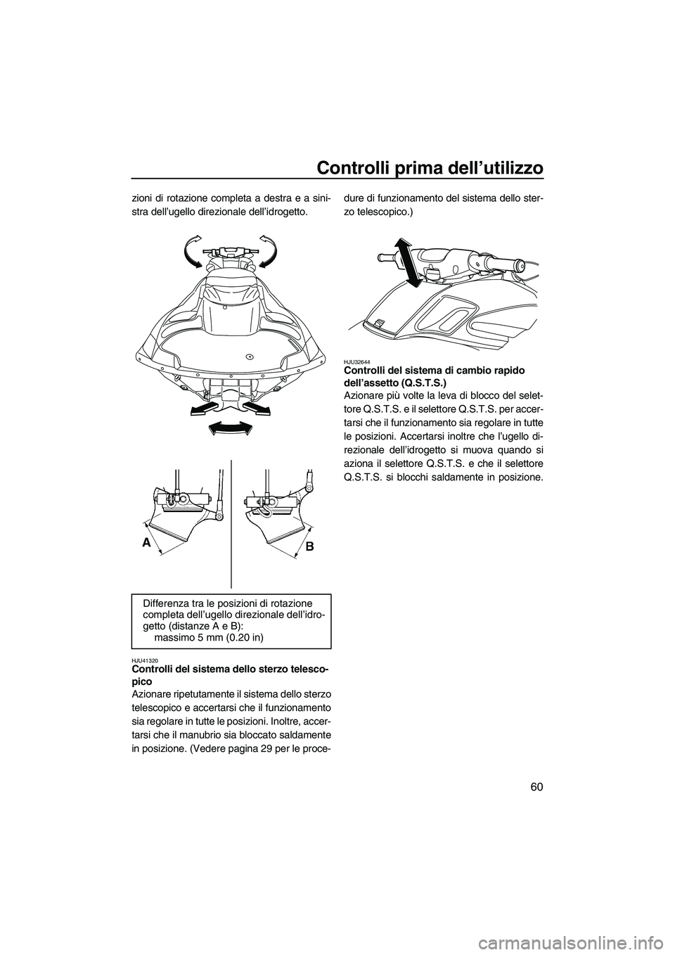 YAMAHA FZR 2013  Manuale duso (in Italian) Controlli prima dell’utilizzo
60
zioni di rotazione completa a destra e a sini-
stra dell’ugello direzionale dell’idrogetto.
HJU41320Controlli del sistema dello sterzo telesco-
pico 
Azionare ri