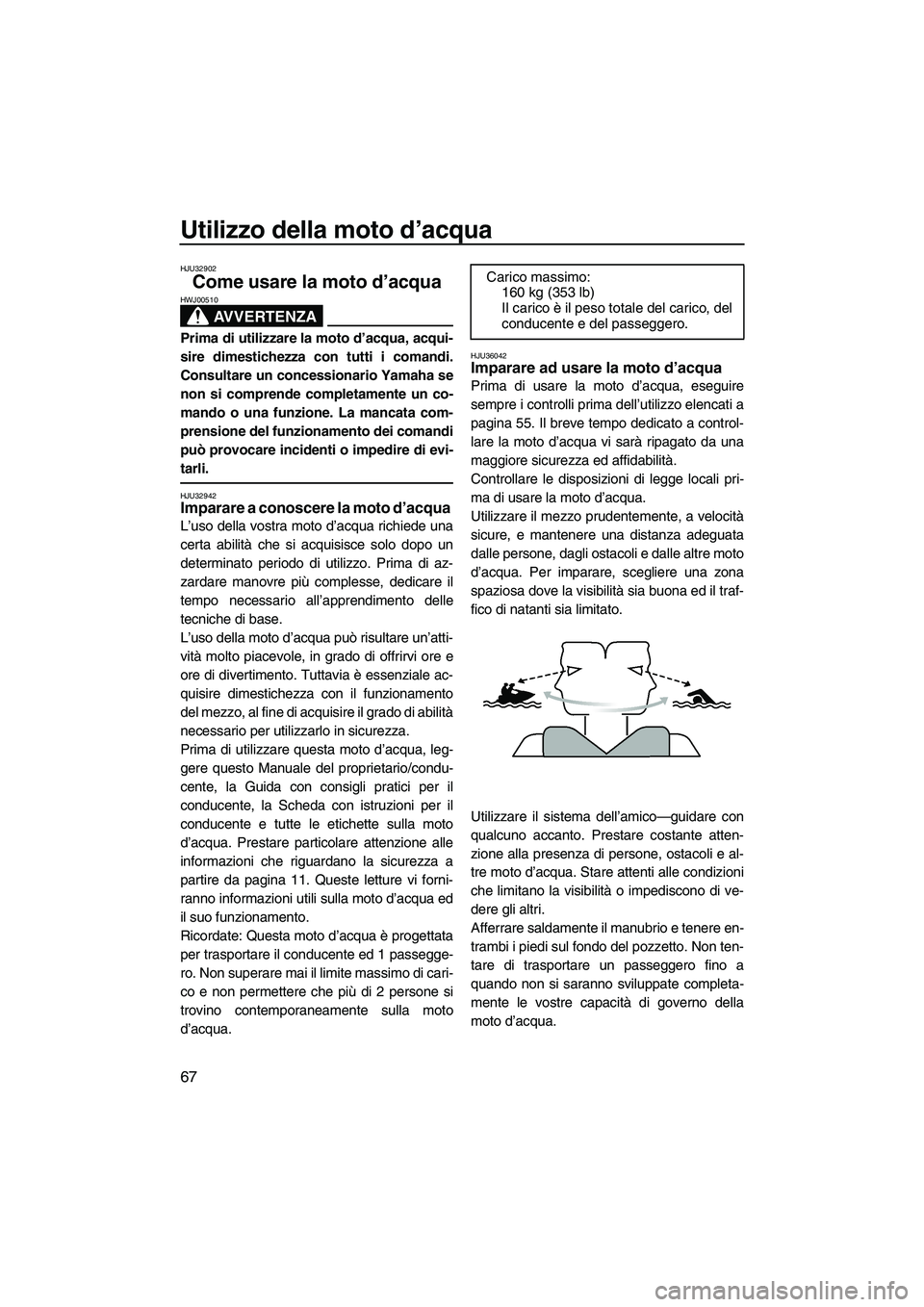 YAMAHA FZR 2013  Manuale duso (in Italian) Utilizzo della moto d’acqua
67
HJU32902
Come usare la moto d’acqua 
AVVERTENZA
HWJ00510
Prima di utilizzare la moto d’acqua, acqui-
sire dimestichezza con tutti i comandi.
Consultare un concessi