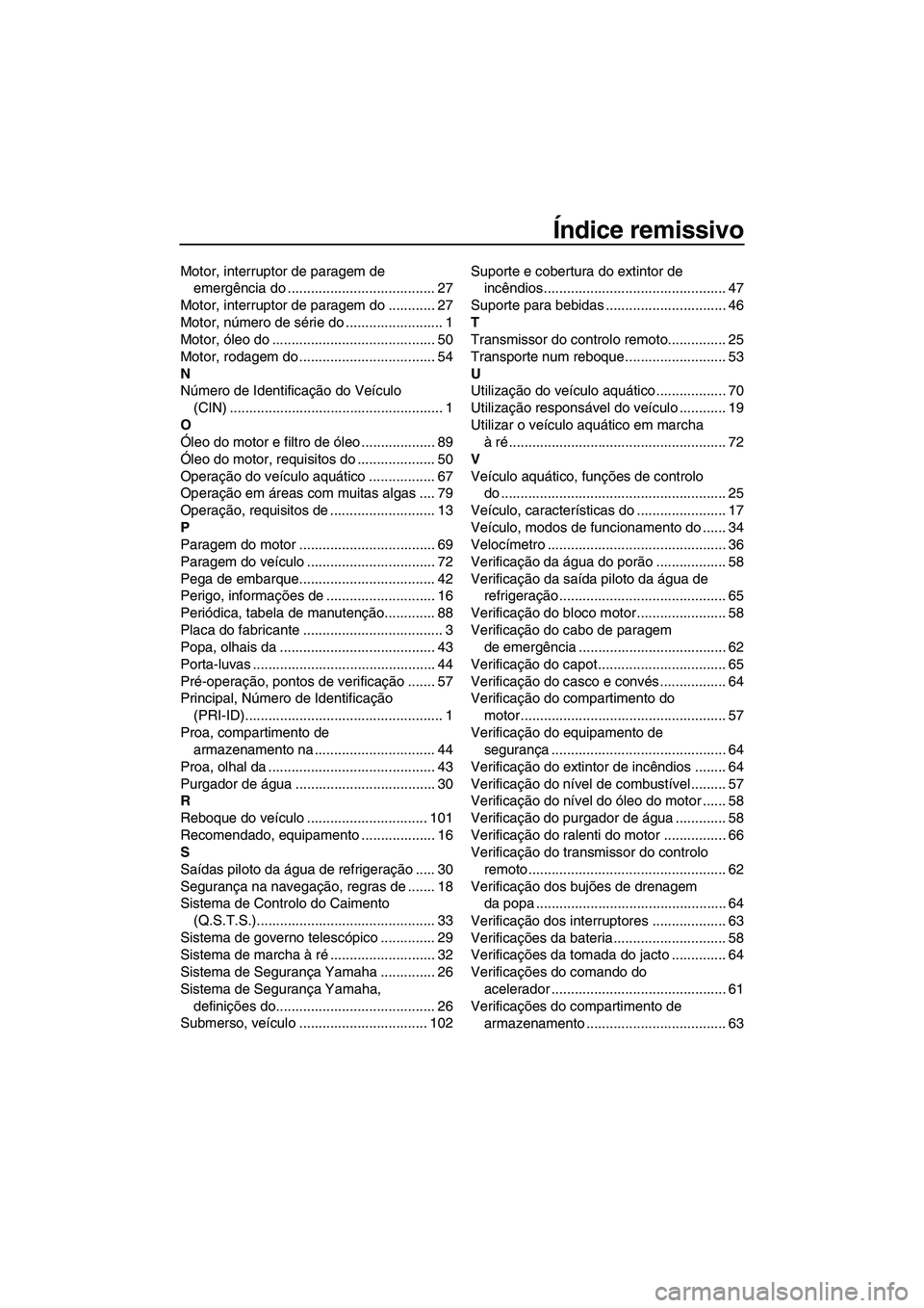 YAMAHA FZR 2013 Manual de utilização (in Portuguese) Índice remissivo
Motor, interruptor de paragem de emergência do ...................................... 27
Motor, interruptor de paragem do ............ 27
Motor, número de série do ............... YAMAHA FZR 2013 Manual de utilização (in Portuguese) Índice remissivo
Motor, interruptor de paragem de emergência do ...................................... 27
Motor, interruptor de paragem do ............ 27
Motor, número de série do ...............