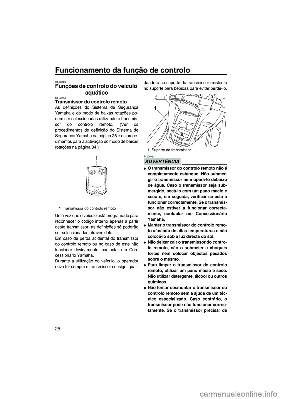 YAMAHA FZR 2013 Manual de utilização (in Portuguese) Funcionamento da função de controlo
25
PJU31024
Funções de controlo do veículo aquático
PJU41390Transmissor do controlo remoto
As definições do Sistema de Segurança
Yamaha e do modo de baix YAMAHA FZR 2013 Manual de utilização (in Portuguese) Funcionamento da função de controlo
25
PJU31024
Funções de controlo do veículo aquático
PJU41390Transmissor do controlo remoto
As definições do Sistema de Segurança
Yamaha e do modo de baix