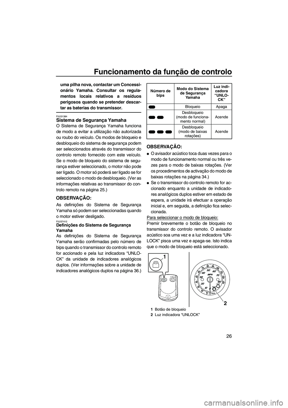 YAMAHA FZR 2013 Manual de utilização (in Portuguese) Funcionamento da função de controlo
26
uma pilha nova, contactar um Concessi-
onário Yamaha. Consultar os regula-
mentos locais relativos a resíduos
perigosos quando se pretender descar-
tar as ba YAMAHA FZR 2013 Manual de utilização (in Portuguese) Funcionamento da função de controlo
26
uma pilha nova, contactar um Concessi-
onário Yamaha. Consultar os regula-
mentos locais relativos a resíduos
perigosos quando se pretender descar-
tar as ba
