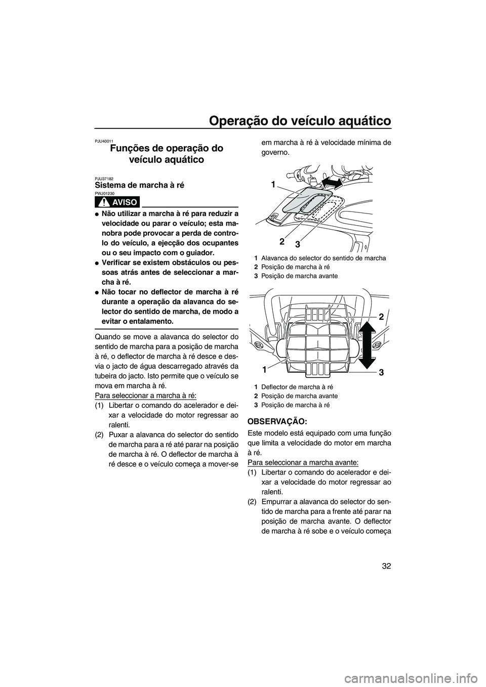 YAMAHA FZR 2013 Manual de utilização (in Portuguese) Operação do veículo aquático
32
PJU40011
Funções de operação do veículo aquático
PJU37182Sistema de marcha à ré
AV I S O
PWJ01230
●Não utilizar a marcha à ré para reduzir a
velocid YAMAHA FZR 2013 Manual de utilização (in Portuguese) Operação do veículo aquático
32
PJU40011
Funções de operação do veículo aquático
PJU37182Sistema de marcha à ré
AV I S O
PWJ01230
●Não utilizar a marcha à ré para reduzir a
velocid