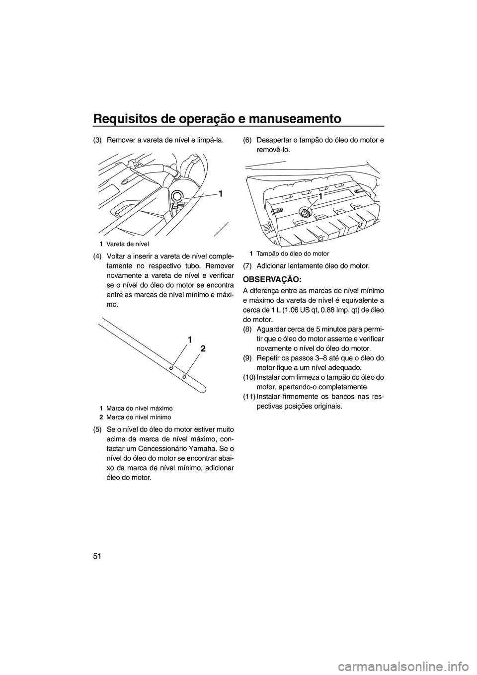 YAMAHA FZR 2013 Manual de utilização (in Portuguese) Requisitos de operação e manuseamento
51
(3) Remover a vareta de nível e limpá-la.
(4) Voltar a inserir a vareta de nível comple-tamente no respectivo tubo. Remover
novamente a vareta de nível e YAMAHA FZR 2013 Manual de utilização (in Portuguese) Requisitos de operação e manuseamento
51
(3) Remover a vareta de nível e limpá-la.
(4) Voltar a inserir a vareta de nível comple-tamente no respectivo tubo. Remover
novamente a vareta de nível e