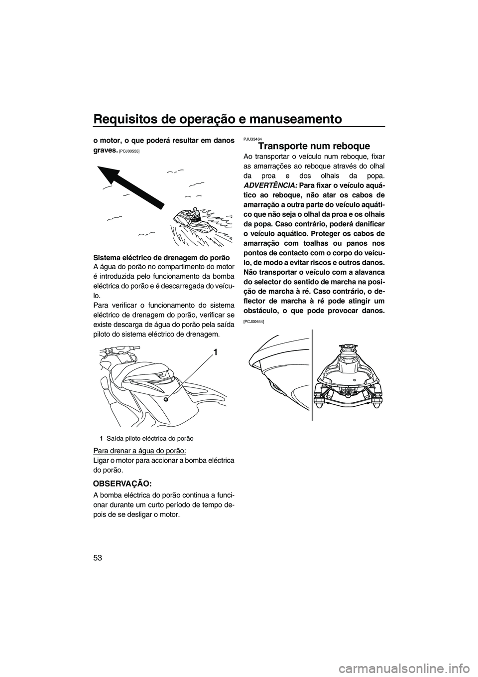 YAMAHA FZR 2013  Manual de utilização (in Portuguese) Requisitos de operação e manuseamento
53
o motor, o que poderá resultar em danos
graves.
 [PCJ00553]
Sistema eléctrico de drenagem do porão
A água do porão no compartimento do motor
é introduz