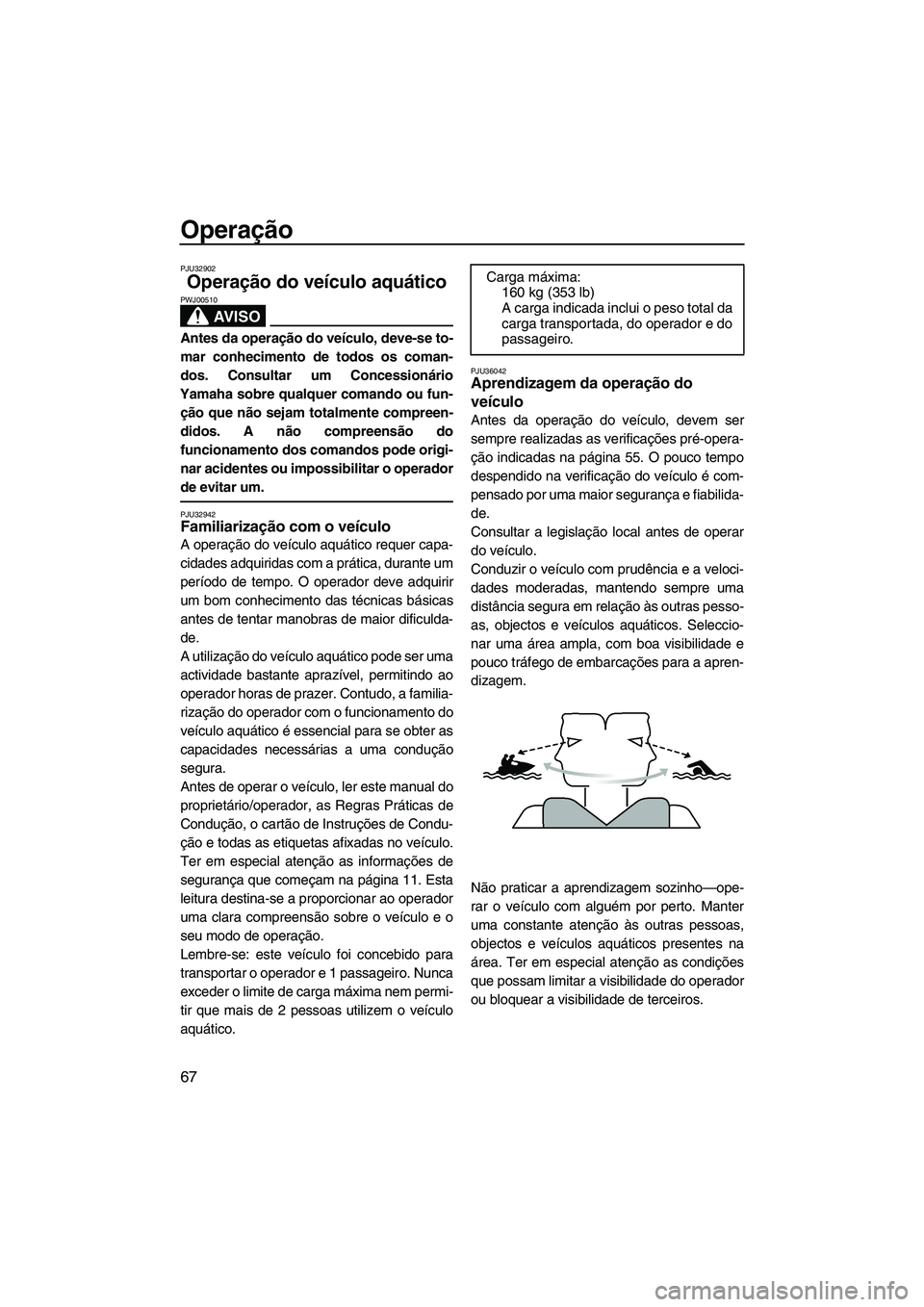YAMAHA FZR 2013 Manual de utilização (in Portuguese) Operação
67
PJU32902
Operação do veículo aquático
AV I S O
PWJ00510
Antes da operação do veículo, deve-se to-
mar conhecimento de todos os coman-
dos. Consultar um Concessionário
Yamaha sob YAMAHA FZR 2013 Manual de utilização (in Portuguese) Operação
67
PJU32902
Operação do veículo aquático
AV I S O
PWJ00510
Antes da operação do veículo, deve-se to-
mar conhecimento de todos os coman-
dos. Consultar um Concessionário
Yamaha sob