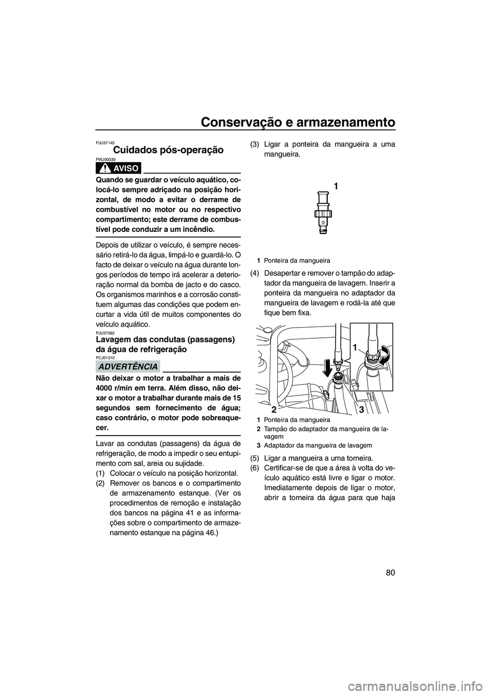 YAMAHA FZR 2013 Manual de utilização (in Portuguese) Conservação e armazenamento
80
PJU37145
Cuidados pós-operação
AV I S O
PWJ00330
Quando se guardar o veículo aquático, co-
locá-lo sempre adriçado na posição hori-
zontal, de modo a evitar YAMAHA FZR 2013 Manual de utilização (in Portuguese) Conservação e armazenamento
80
PJU37145
Cuidados pós-operação
AV I S O
PWJ00330
Quando se guardar o veículo aquático, co-
locá-lo sempre adriçado na posição hori-
zontal, de modo a evitar