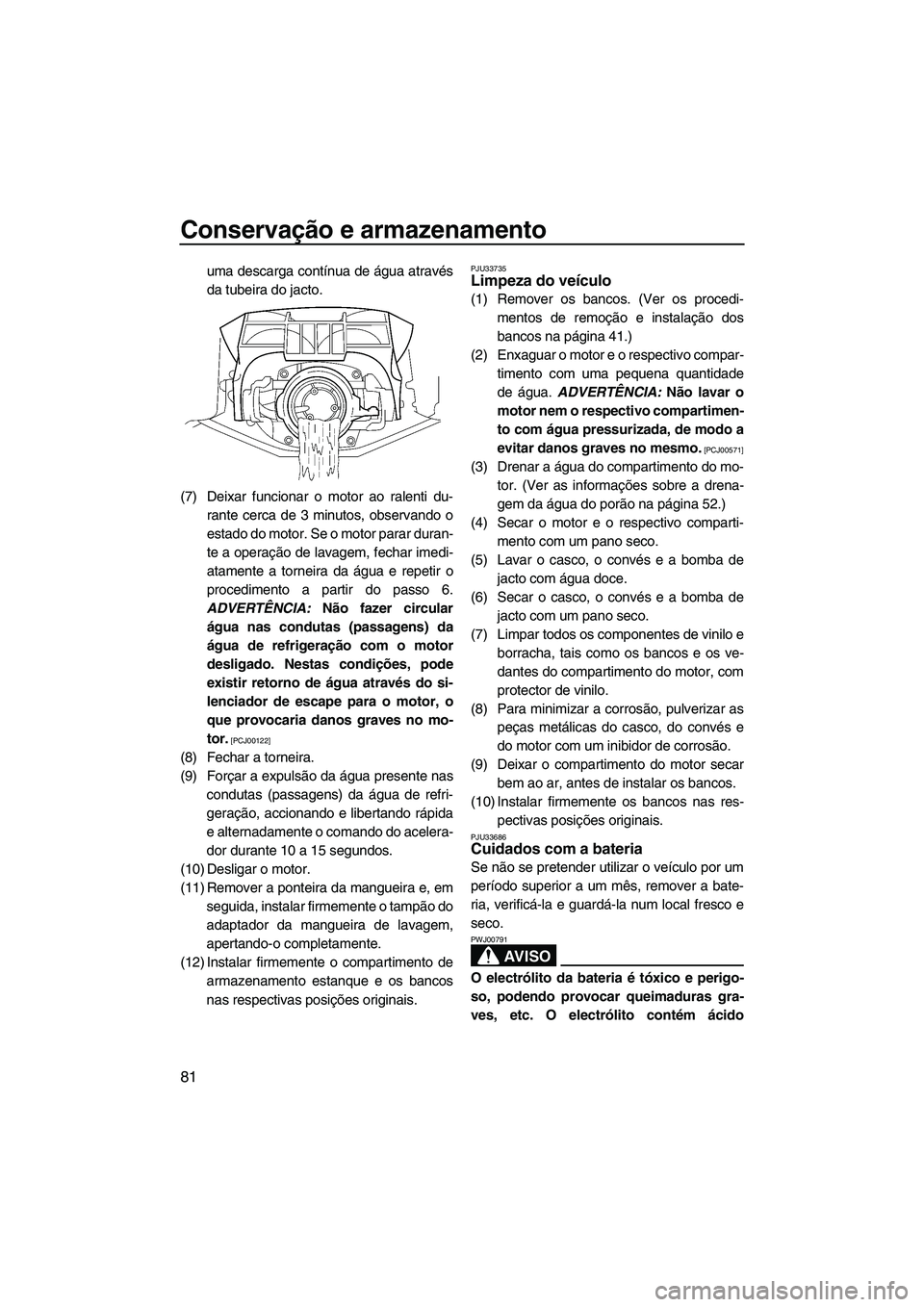 YAMAHA FZR 2013 Manual de utilização (in Portuguese) Conservação e armazenamento
81
uma descarga contínua de água através
da tubeira do jacto.
(7) Deixar funcionar o motor ao ralenti du- rante cerca de 3 minutos, observando o
estado do motor. Se o YAMAHA FZR 2013 Manual de utilização (in Portuguese) Conservação e armazenamento
81
uma descarga contínua de água através
da tubeira do jacto.
(7) Deixar funcionar o motor ao ralenti du- rante cerca de 3 minutos, observando o
estado do motor. Se o