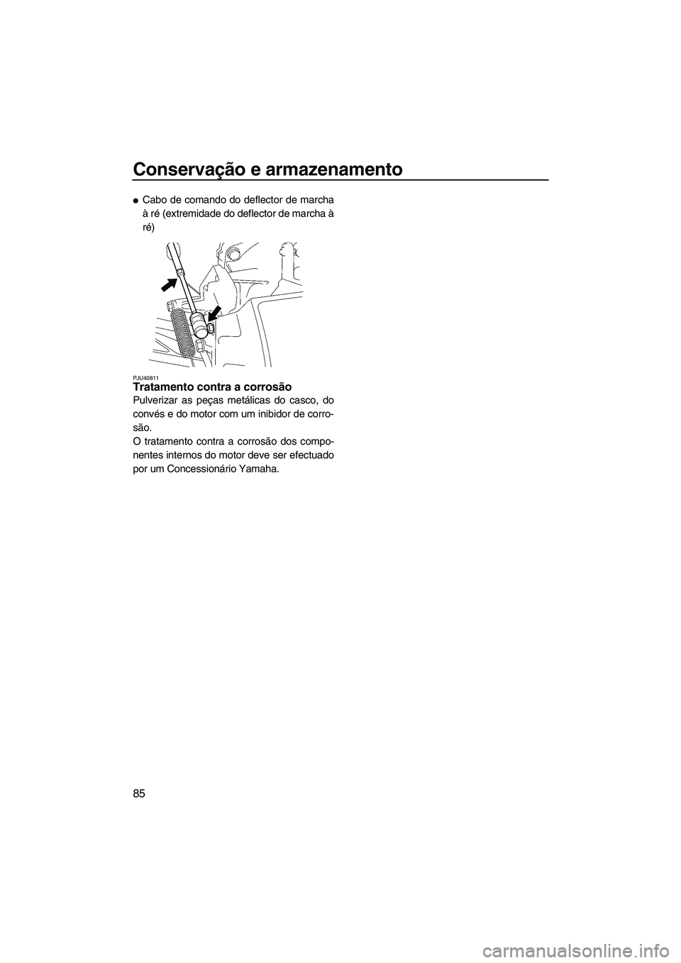 YAMAHA FZR 2013 Manual de utilização (in Portuguese) Conservação e armazenamento
85
●Cabo de comando do deflector de marcha
à ré (extremidade do deflector de marcha à
ré)
PJU40811Tratamento contra a corrosão
Pulverizar as peças metálicas do YAMAHA FZR 2013 Manual de utilização (in Portuguese) Conservação e armazenamento
85
●Cabo de comando do deflector de marcha
à ré (extremidade do deflector de marcha à
ré)
PJU40811Tratamento contra a corrosão
Pulverizar as peças metálicas do