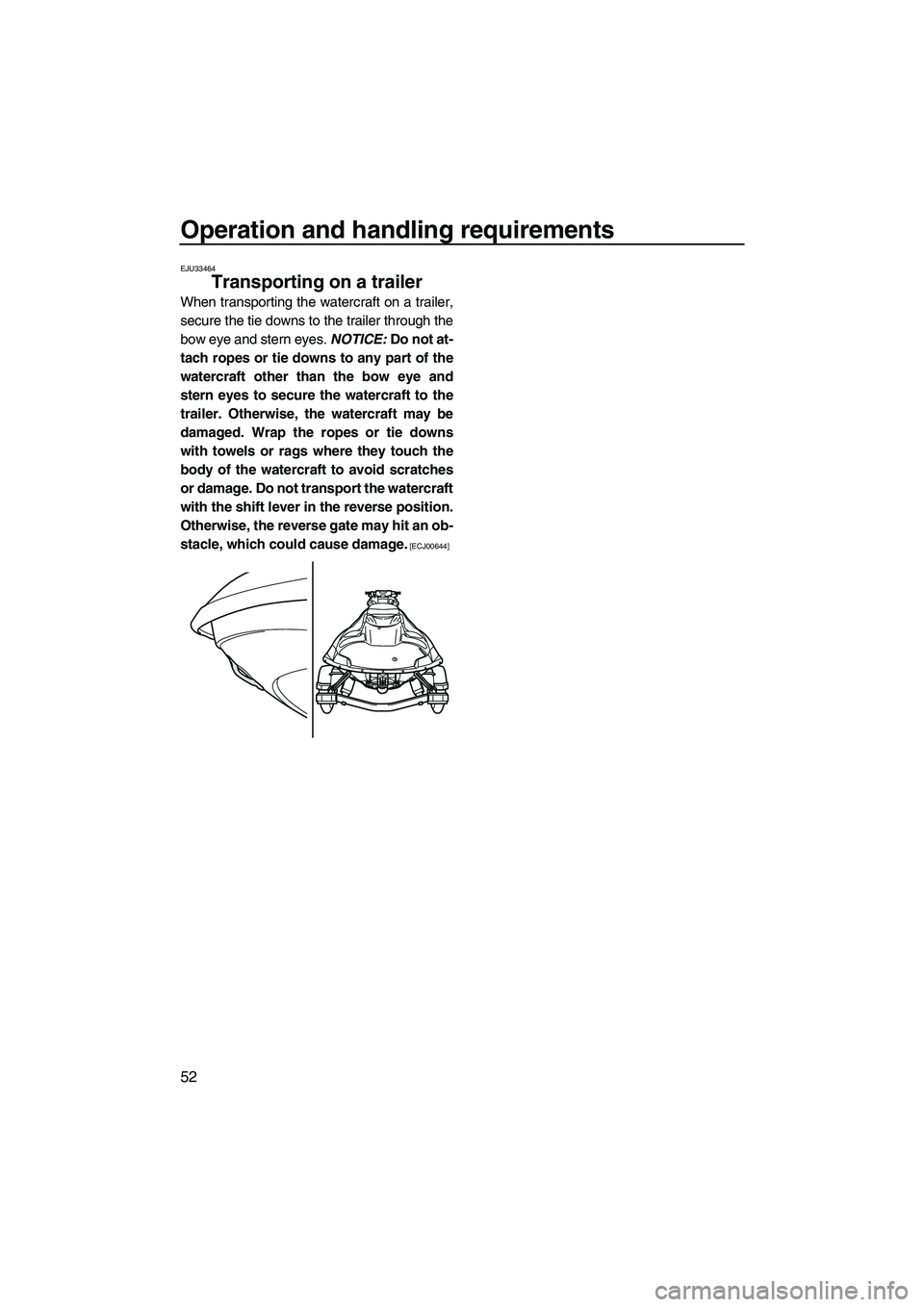 YAMAHA FZR SVHO 2012  Owners Manual Operation and handling requirements
52
EJU33464
Transporting on a trailer 
When transporting the watercraft on a trailer,
secure the tie downs to the trailer through the
bow eye and stern eyes. NOTICE