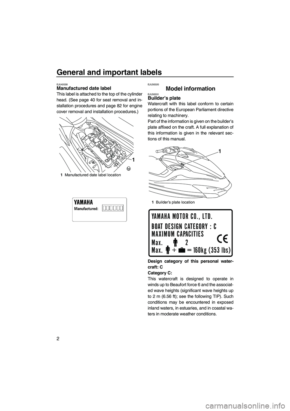 YAMAHA FZR 2012  Owners Manual General and important labels
2
EJU42030Manufactured date label 
This label is attached to the top of the cylinder
head. (See page 40 for seat removal and in-
stallation procedures and page 82 for engi