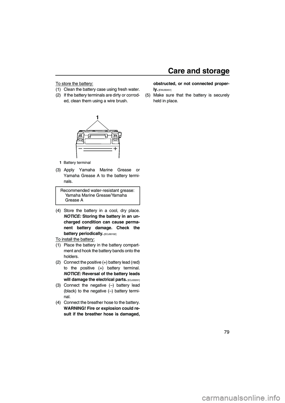 YAMAHA FZR 2012 Owners Guide Care and storage
79
To store the battery:
(1) Clean the battery case using fresh water.
(2) If the battery terminals are dirty or corrod-
ed, clean them using a wire brush.
(3) Apply Yamaha Marine Gre