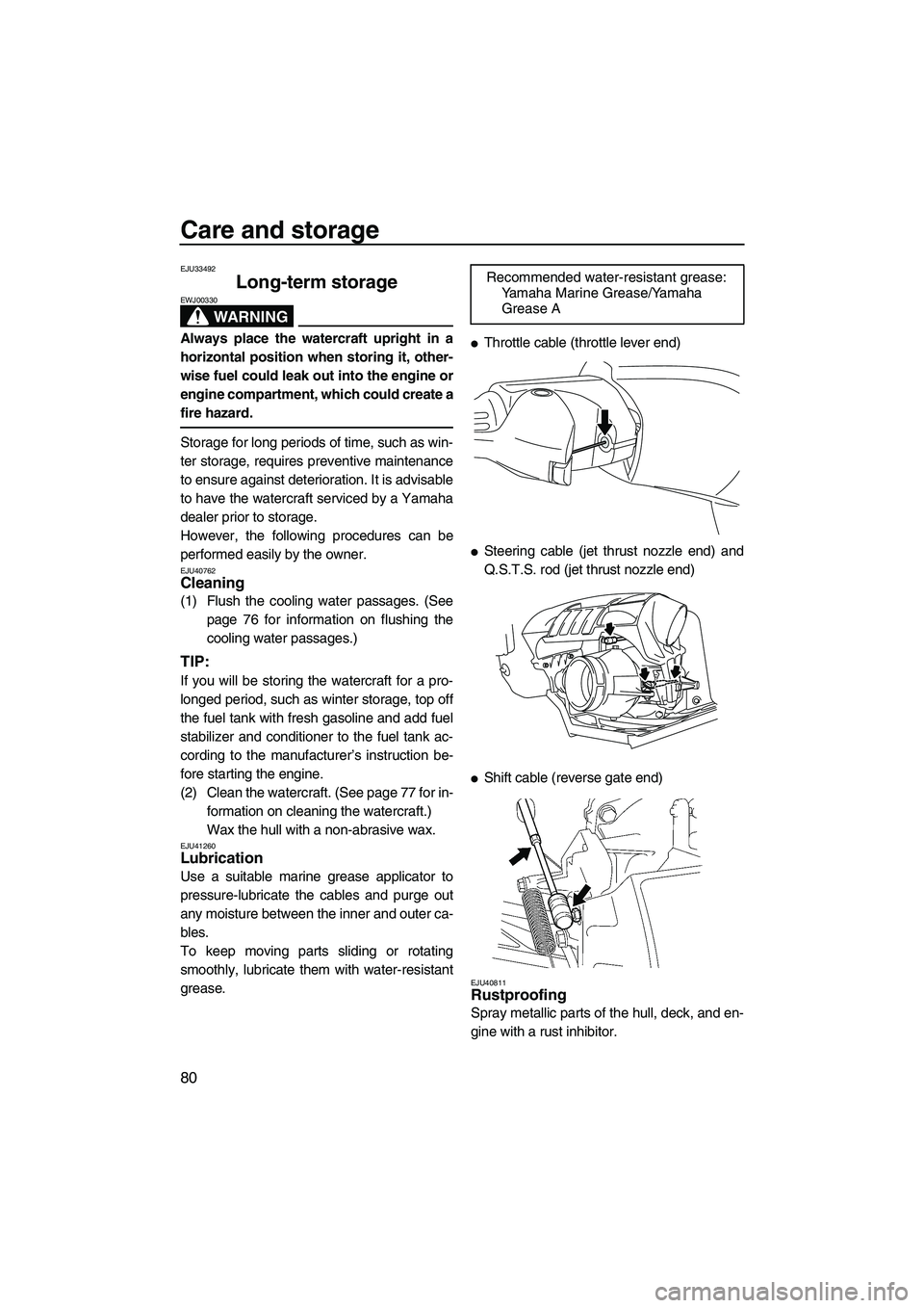 YAMAHA FZR 2012 Owners Guide Care and storage
80
EJU33492
Long-term storage 
WARNING
EWJ00330
Always place the watercraft upright in a
horizontal position when storing it, other-
wise fuel could leak out into the engine or
engine