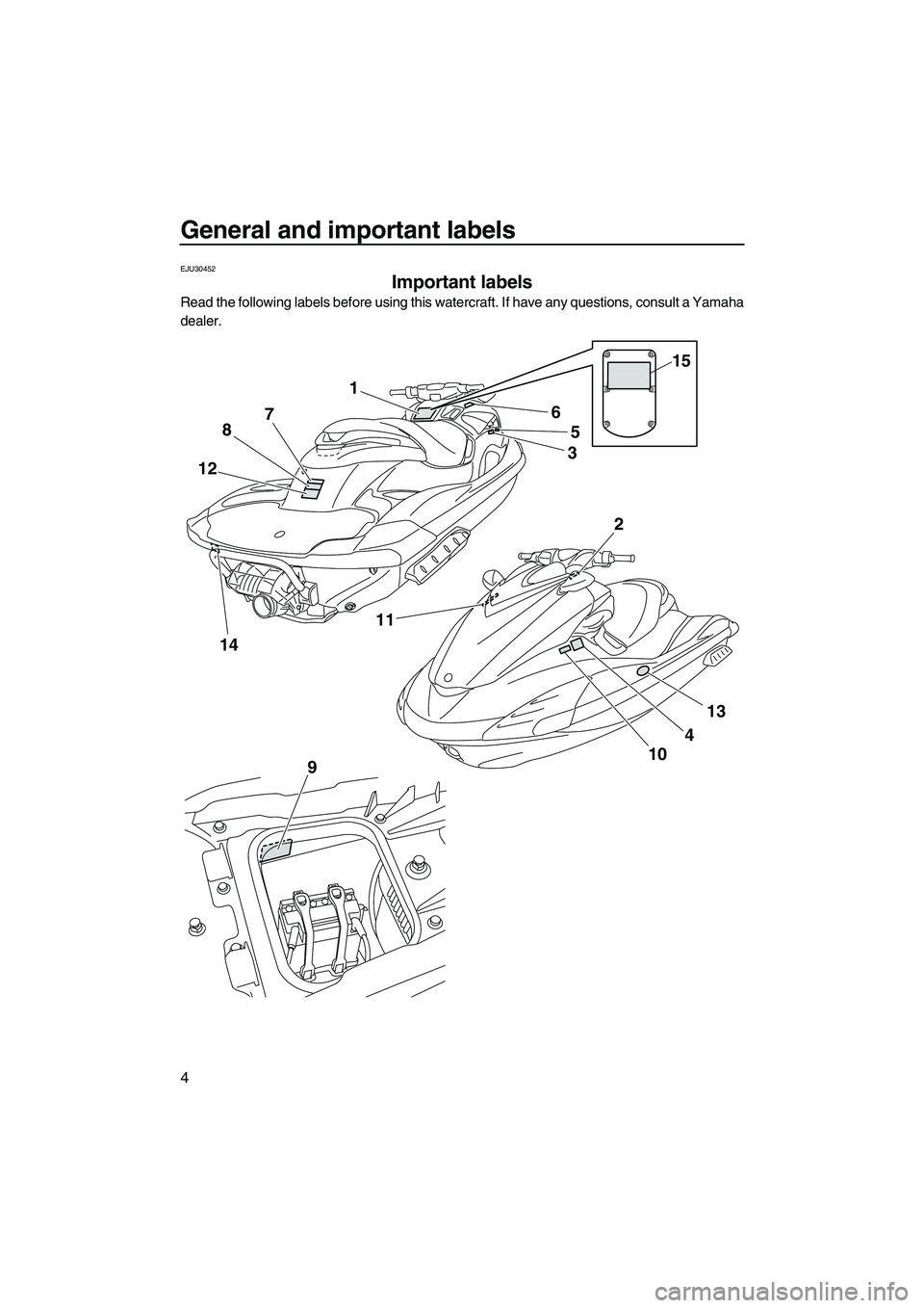 YAMAHA FZR 2012  Owners Manual General and important labels
4
EJU30452
Important labels 
Read the following labels before using this watercraft. If have any questions, consult a Yamaha
dealer.
1
5
3
4
10 6
87
12
1411
13
2
9
15
UF2R