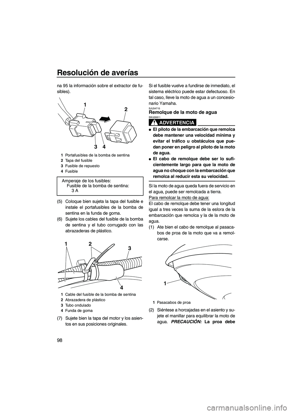 YAMAHA FZR SVHO 2012 Manuale de Empleo (in Spanish) Resolución de averías
98
na 95 la información sobre el extractor de fu-
sibles).
(5) Coloque bien sujeta la tapa del fusible e
instale el portafusibles de la bomba de
sentina en la funda de goma.
( YAMAHA FZR SVHO 2012 Manuale de Empleo (in Spanish) Resolución de averías
98
na 95 la información sobre el extractor de fu-
sibles).
(5) Coloque bien sujeta la tapa del fusible e
instale el portafusibles de la bomba de
sentina en la funda de goma.
(