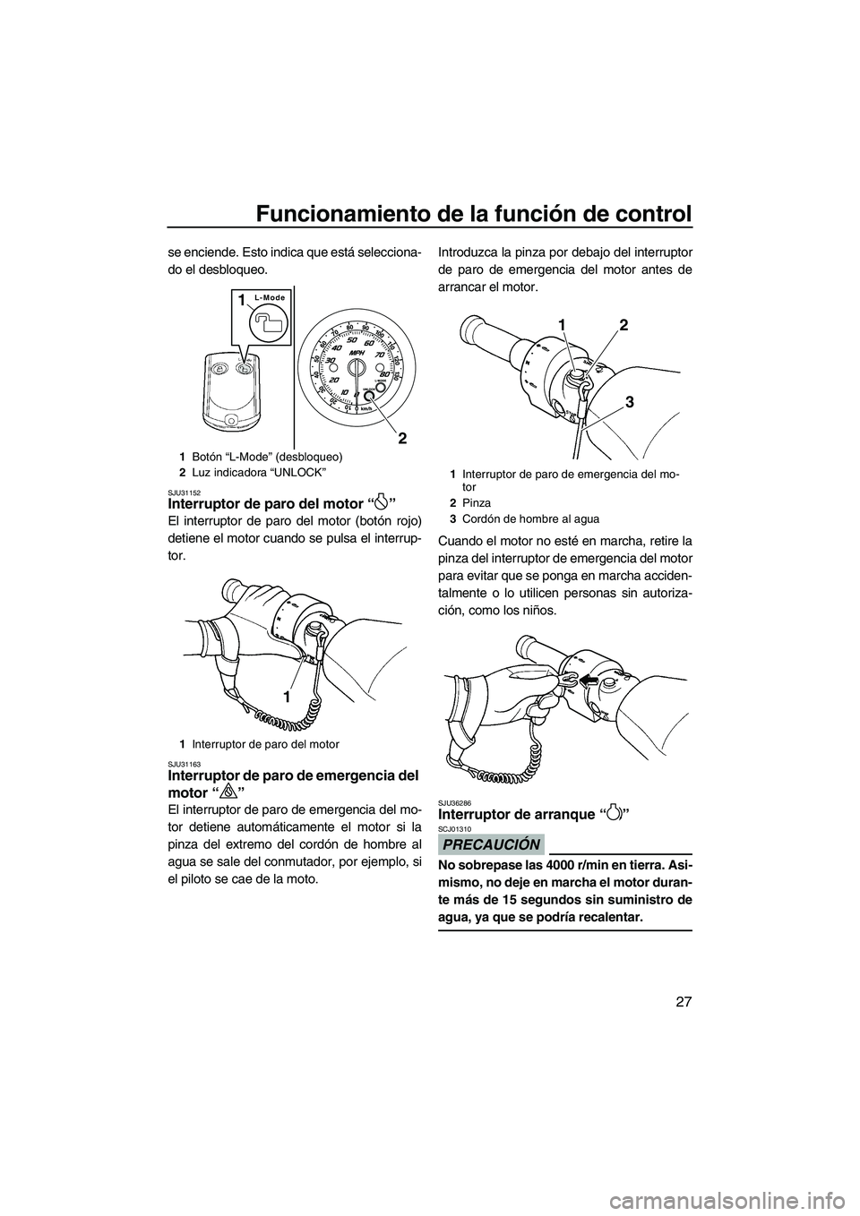 YAMAHA FZR SVHO 2012  Manuale de Empleo (in Spanish) Funcionamiento de la función de control
27
se enciende. Esto indica que está selecciona-
do el desbloqueo.
SJU31152Interruptor de paro del motor“” 
El interruptor de paro del motor (botón rojo)