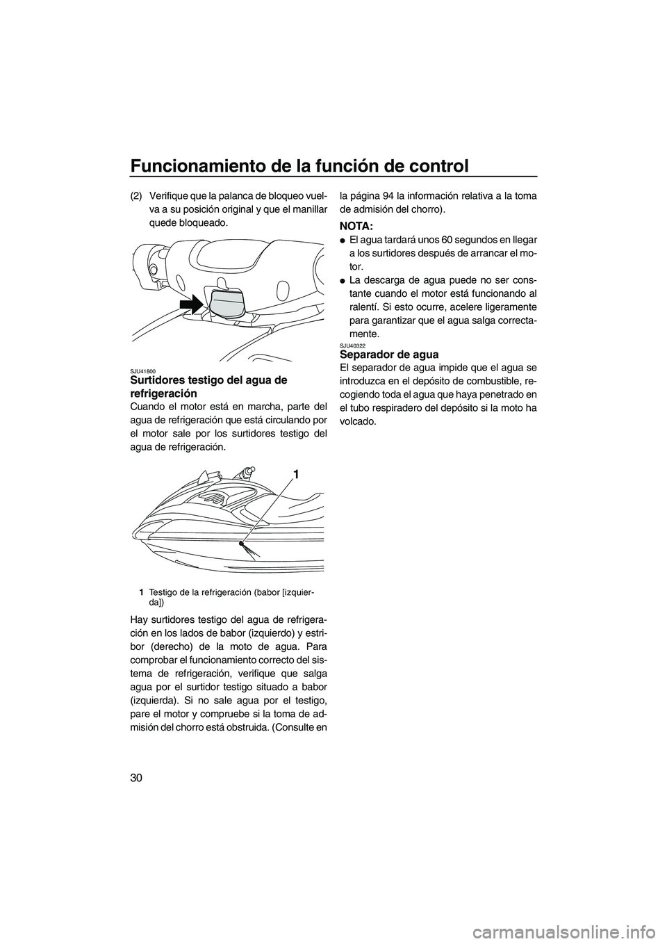 YAMAHA FZR SVHO 2012  Manuale de Empleo (in Spanish) Funcionamiento de la función de control
30
(2) Verifique que la palanca de bloqueo vuel-
va a su posición original y que el manillar
quede bloqueado.
SJU41800Surtidores testigo del agua de 
refriger
