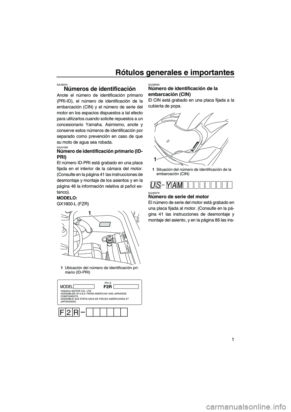 YAMAHA FZR SVHO 2012 Manuale de Empleo (in Spanish) Rótulos generales e importantes
1
SJU36451
Números de identificación
Anote el número de identificación primario
(PRI-ID), el número de identificación de la
embarcación (CIN) y el número de s YAMAHA FZR SVHO 2012 Manuale de Empleo (in Spanish) Rótulos generales e importantes
1
SJU36451
Números de identificación
Anote el número de identificación primario
(PRI-ID), el número de identificación de la
embarcación (CIN) y el número de s