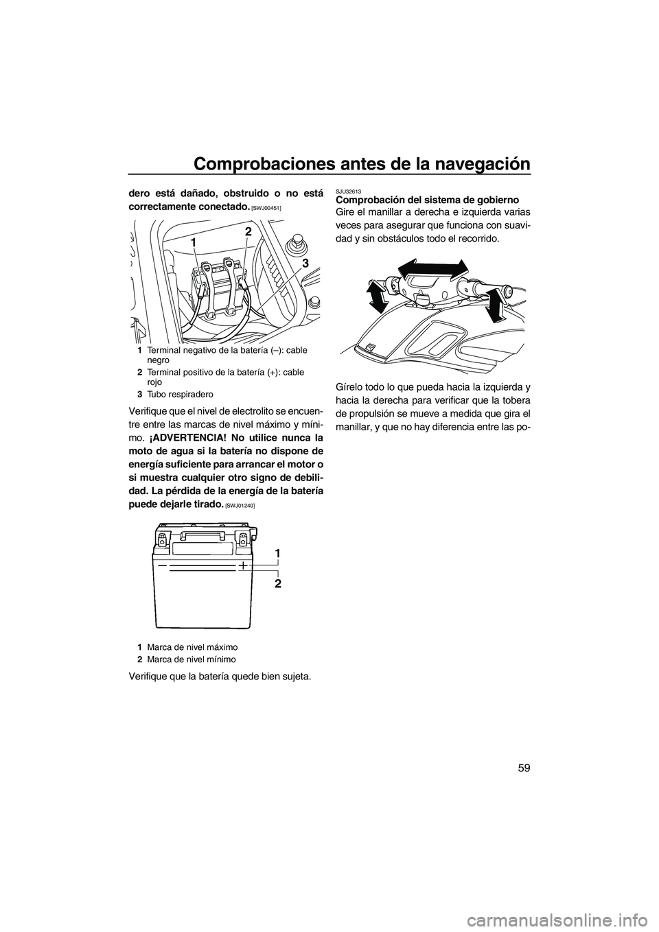 YAMAHA FZR 2012  Manuale de Empleo (in Spanish) Comprobaciones antes de la navegación
59
dero está dañado, obstruido o no está
correctamente conectado.
 [SWJ00451]
Verifique que el nivel de electrolito se encuen-
tre entre las marcas de nivel m