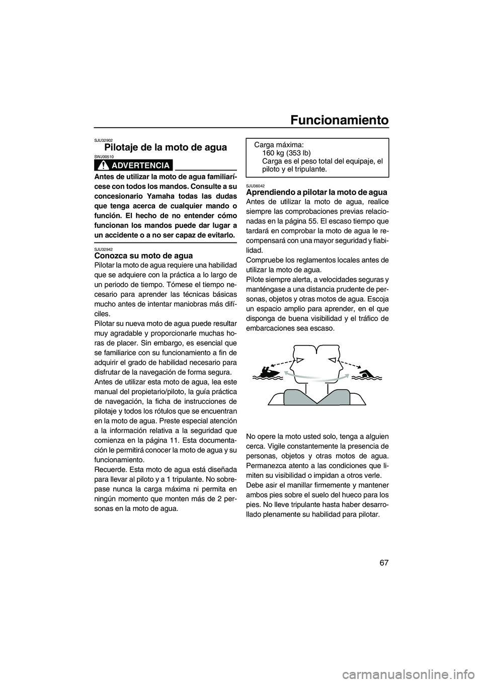 YAMAHA FZR SVHO 2012  Manuale de Empleo (in Spanish) Funcionamiento
67
SJU32902
Pilotaje de la moto de agua 
ADVERTENCIA
SWJ00510
Antes de utilizar la moto de agua familiarí-
cese con todos los mandos. Consulte a su
concesionario Yamaha todas las dudas