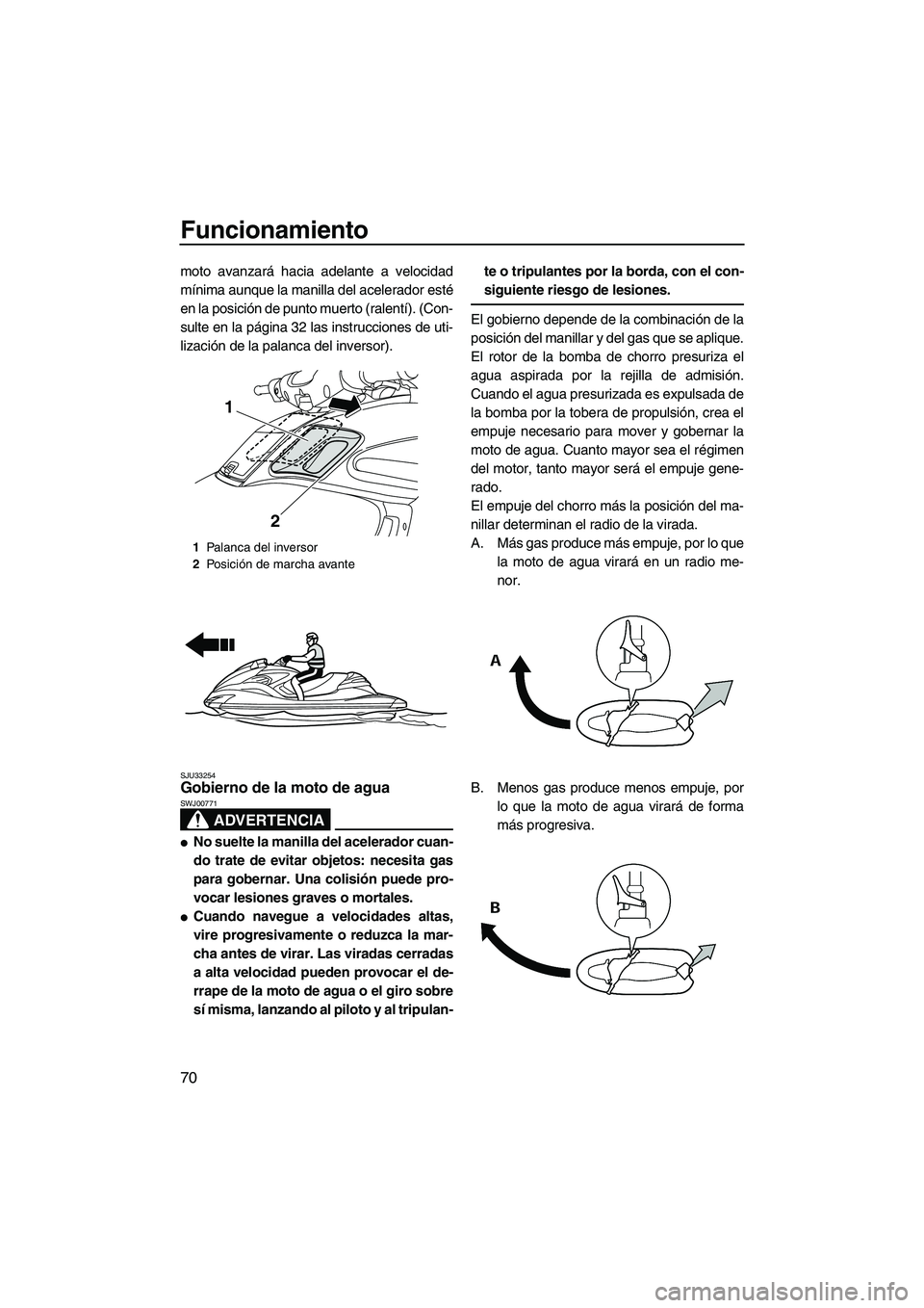 YAMAHA FZR 2012  Manuale de Empleo (in Spanish) Funcionamiento
70
moto avanzará hacia adelante a velocidad
mínima aunque la manilla del acelerador esté
en la posición de punto muerto (ralentí). (Con-
sulte en la página 32 las instrucciones de
