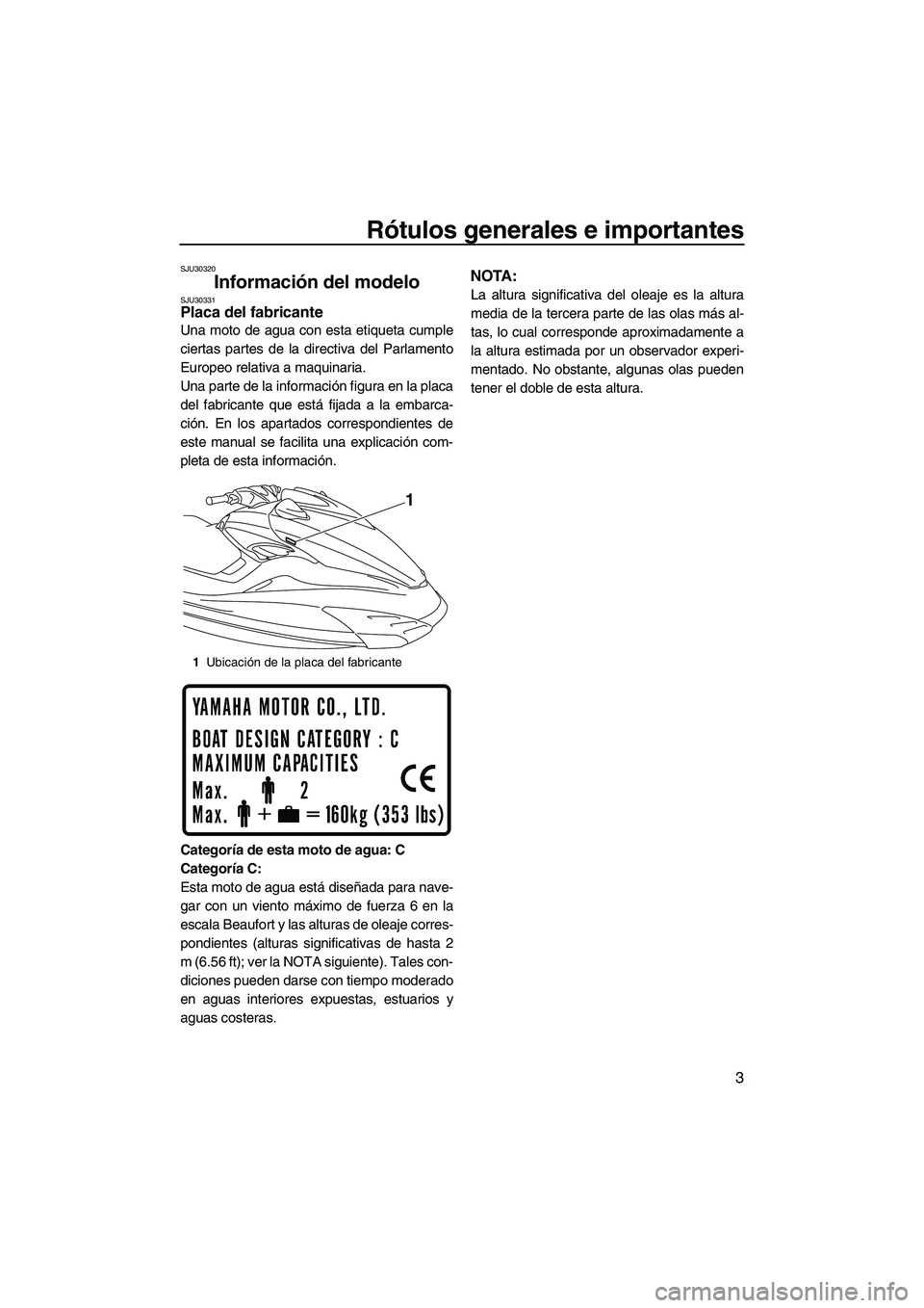 YAMAHA FZR SVHO 2012 Manuale de Empleo (in Spanish) Rótulos generales e importantes
3
SJU30320
Información del modelo SJU30331Placa del fabricante
Una moto de agua con esta etiqueta cumple
ciertas partes de la directiva del Parlamento
Europeo relati YAMAHA FZR SVHO 2012 Manuale de Empleo (in Spanish) Rótulos generales e importantes
3
SJU30320
Información del modelo SJU30331Placa del fabricante
Una moto de agua con esta etiqueta cumple
ciertas partes de la directiva del Parlamento
Europeo relati