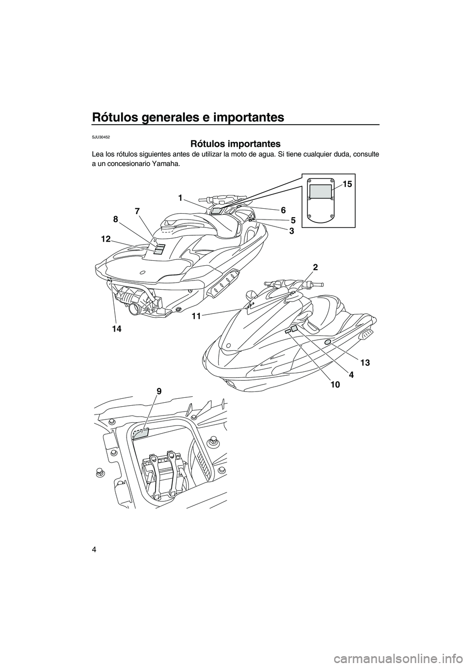 YAMAHA FZR SVHO 2012 Manuale de Empleo (in Spanish) Rótulos generales e importantes
4
SJU30452
Rótulos importantes
Lea los rótulos siguientes antes de utilizar la moto de agua. Si tiene cualquier duda, consulte
a un concesionario Yamaha.
1
5
3
4
10 YAMAHA FZR SVHO 2012 Manuale de Empleo (in Spanish) Rótulos generales e importantes
4
SJU30452
Rótulos importantes
Lea los rótulos siguientes antes de utilizar la moto de agua. Si tiene cualquier duda, consulte
a un concesionario Yamaha.
1
5
3
4
10