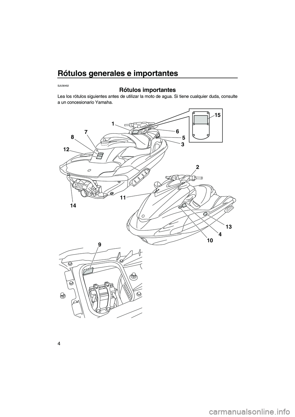 YAMAHA FZR SVHO 2012  Manuale de Empleo (in Spanish) Rótulos generales e importantes
4
SJU30452
Rótulos importantes 
Lea los rótulos siguientes antes de utilizar la moto de agua. Si tiene cualquier duda, consulte
a un concesionario Yamaha.
1
5
3
4
10