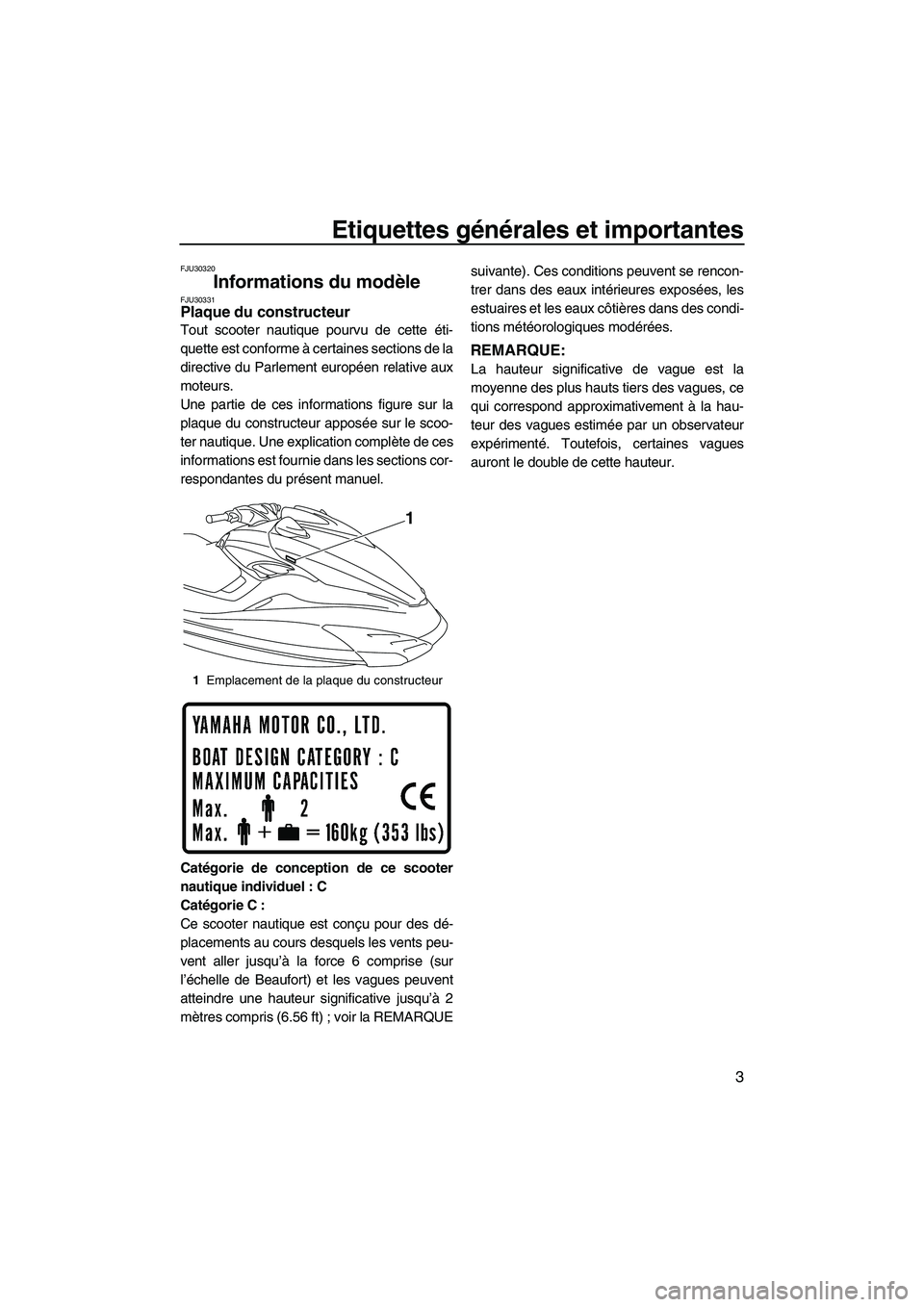 YAMAHA FZR SVHO 2012  Notices Demploi (in French) Etiquettes générales et importantes
3
FJU30320
Informations du modèle FJU30331Plaque du constructeur 
Tout scooter nautique pourvu de cette éti-
quette est conforme à certaines sections de la
dir