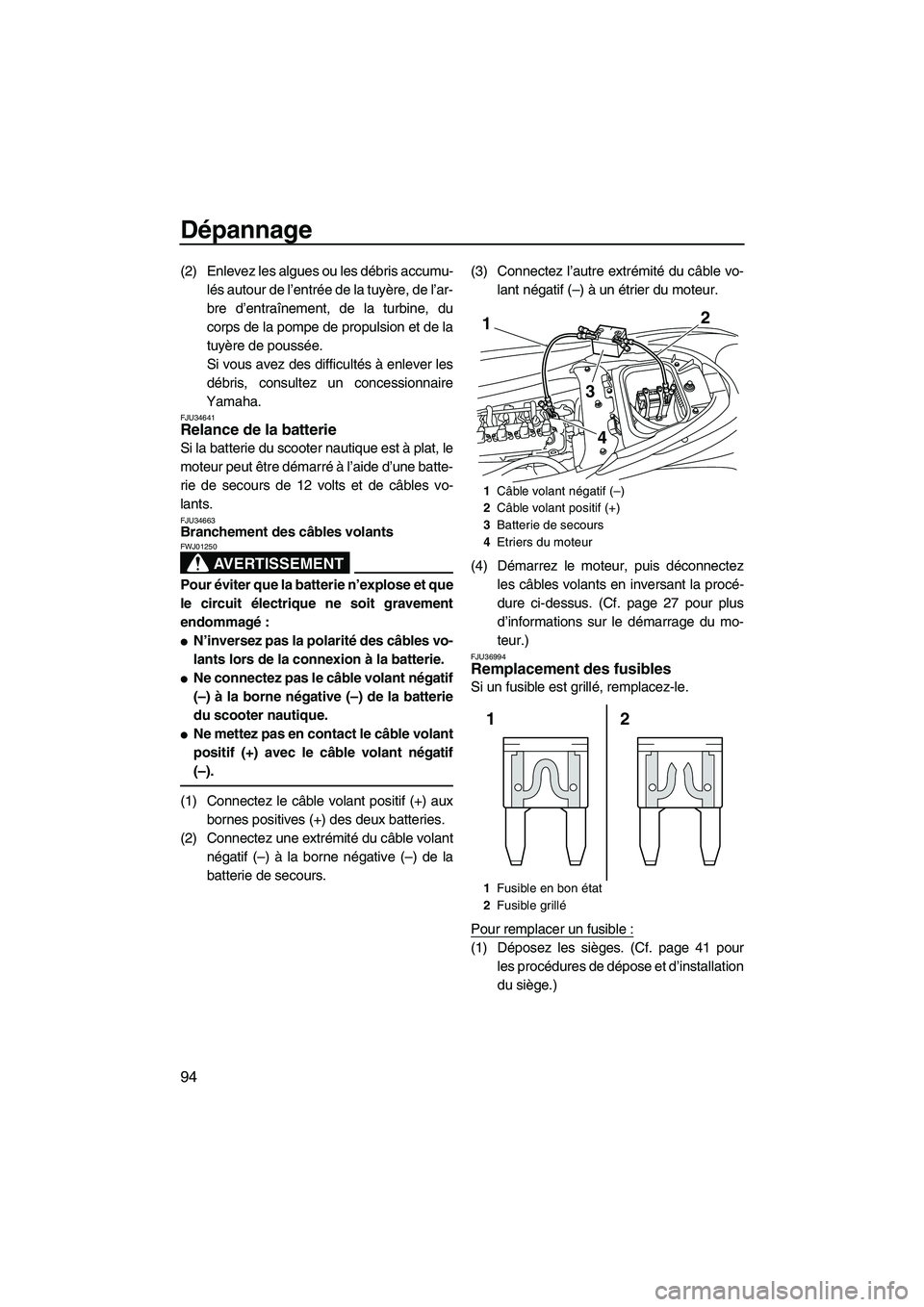 YAMAHA FZR SVHO 2012 Notices Demploi (in French) Dépannage
94
(2) Enlevez les algues ou les débris accumu-
lés autour de l’entrée de la tuyère, de l’ar-
bre d’entraînement, de la turbine, du
corps de la pompe de propulsion et de la
tuyè YAMAHA FZR SVHO 2012 Notices Demploi (in French) Dépannage
94
(2) Enlevez les algues ou les débris accumu-
lés autour de l’entrée de la tuyère, de l’ar-
bre d’entraînement, de la turbine, du
corps de la pompe de propulsion et de la
tuyè