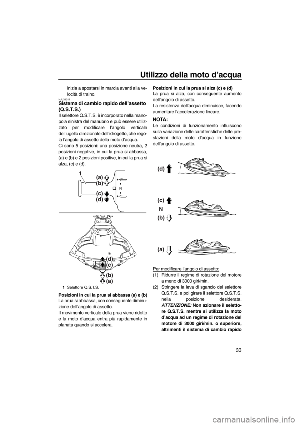 YAMAHA FZR 2012  Manuale duso (in Italian) Utilizzo della moto d’acqua
33
inizia a spostarsi in marcia avanti alla ve-
locità di traino.
HJU31317Sistema di cambio rapido dell’assetto 
(Q.S.T.S.) 
Il selettore Q.S.T.S. è incorporato nella