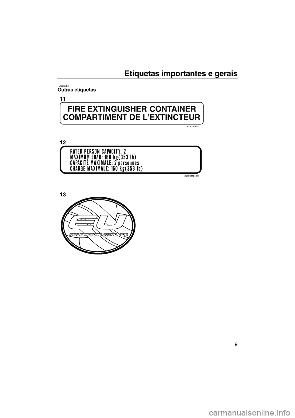YAMAHA FZR SVHO 2012  Manual de utilização (in Portuguese) Etiquetas importantes e gerais
9
PJU36261Outras etiquetas 
(F2R-U41E1-00)
11
12
13
UF2R73P0.book  Page 9  Wednesday, June 29, 2011  2:45 PM 