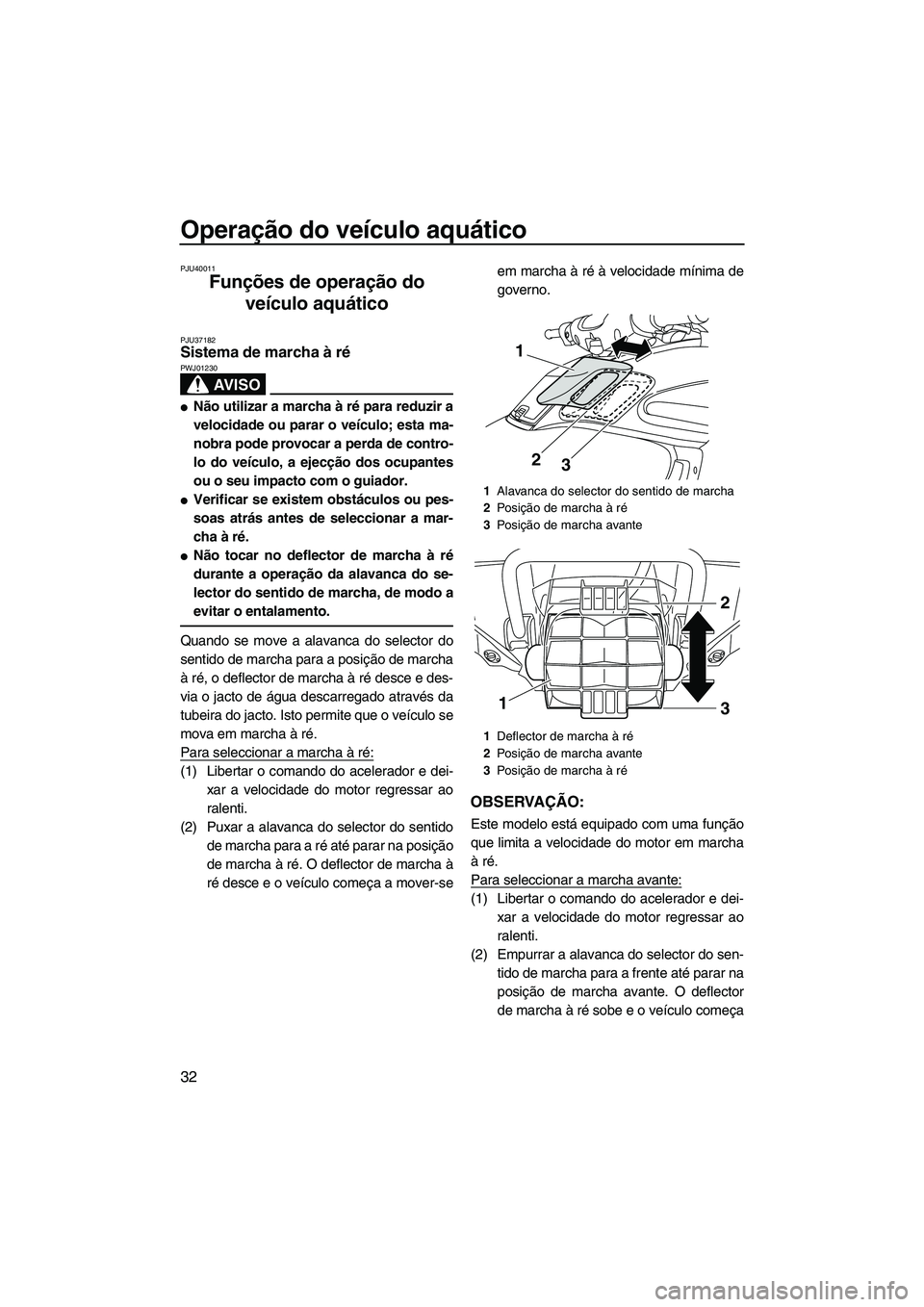 YAMAHA FZR SVHO 2012  Manual de utilização (in Portuguese) Operação do veículo aquático
32
PJU40011
Funções de operação do 
veículo aquático 
PJU37182Sistema de marcha à ré 
AV I S O
PWJ01230
Não utilizar a marcha à ré para reduzir a
velocidad