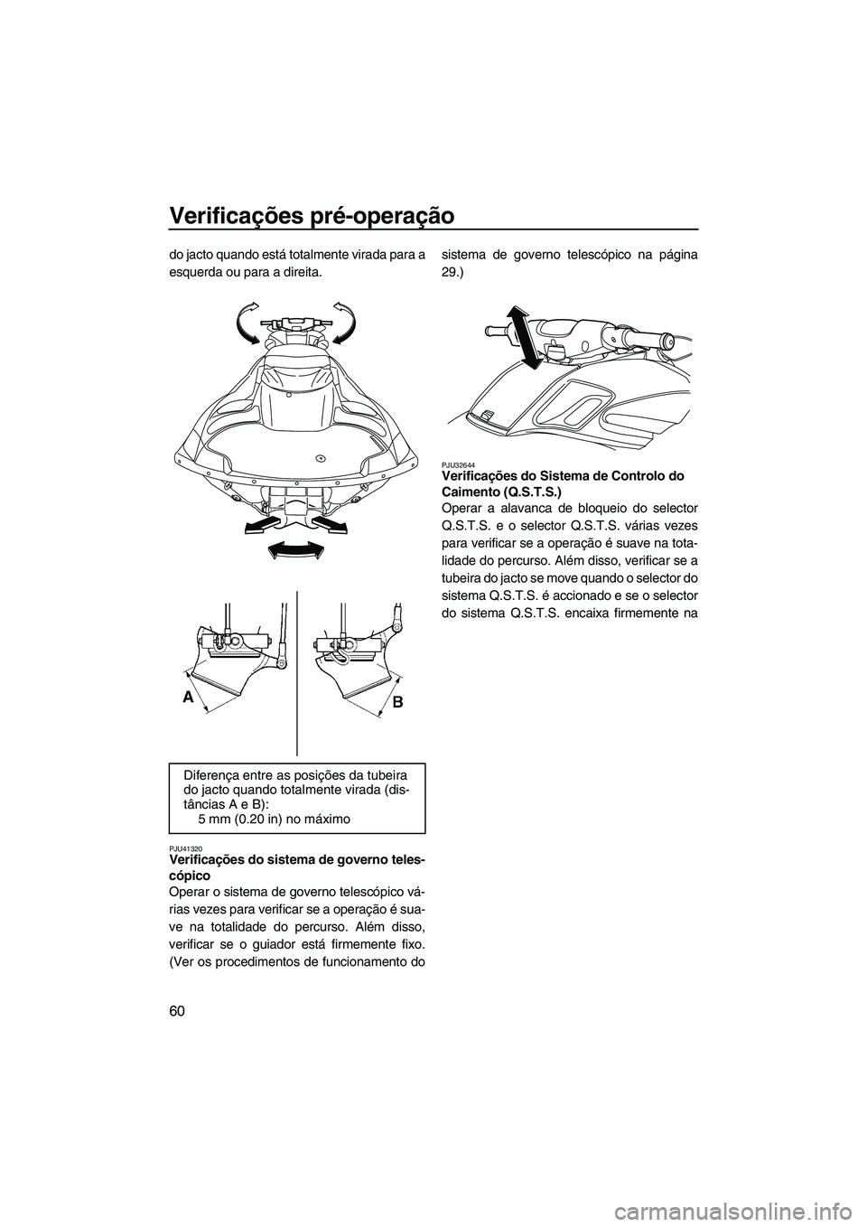 YAMAHA FZR SVHO 2012 Manual de utilização (in Portuguese) Verificações pré-operação
60
do jacto quando está totalmente virada para a
esquerda ou para a direita.
PJU41320Verificações do sistema de governo teles-
cópico
Operar o sistema de governo te YAMAHA FZR SVHO 2012 Manual de utilização (in Portuguese) Verificações pré-operação
60
do jacto quando está totalmente virada para a
esquerda ou para a direita.
PJU41320Verificações do sistema de governo teles-
cópico
Operar o sistema de governo te