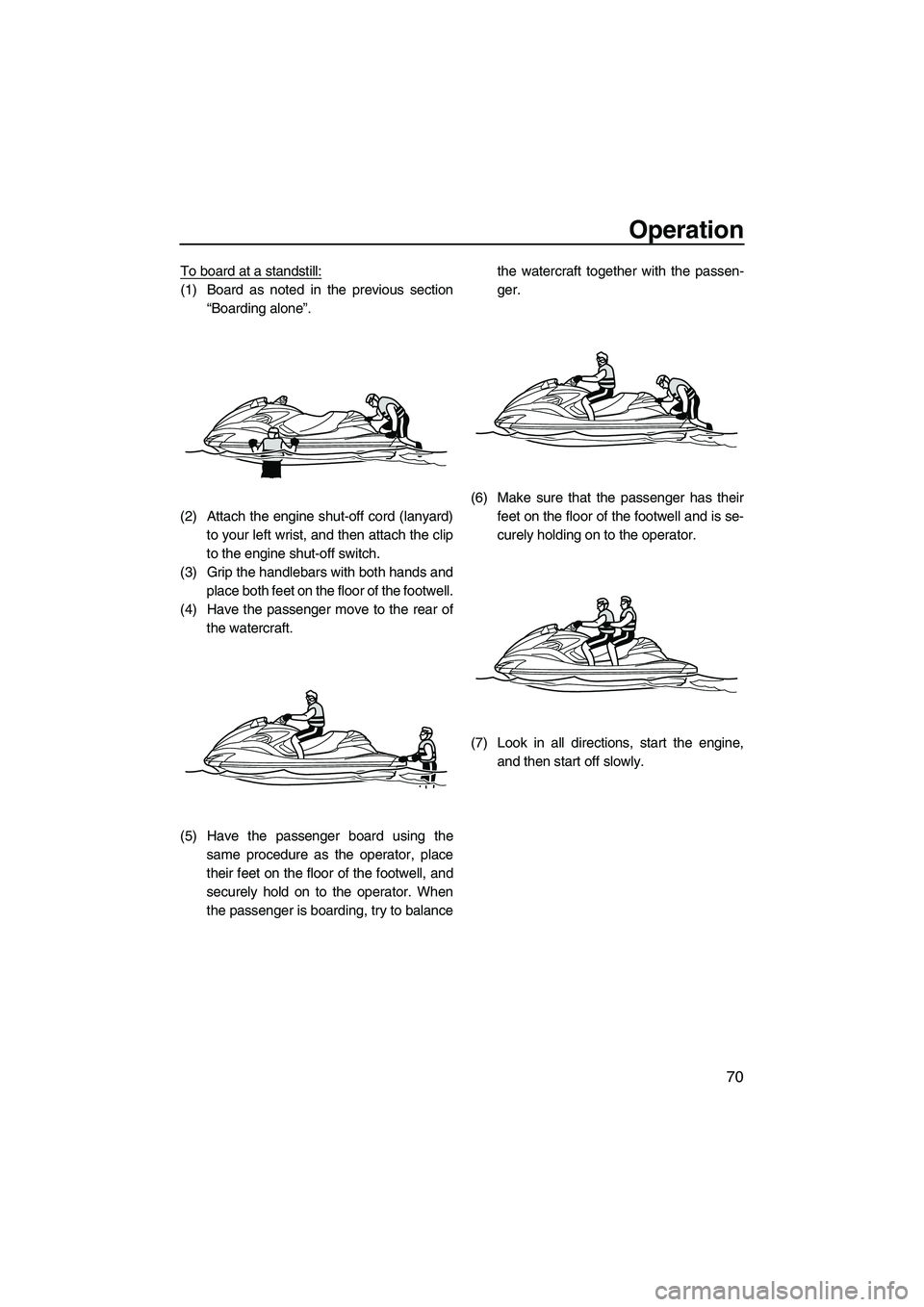 YAMAHA FZR 2010 Manual PDF Operation
70
To board at a standstill:
(1) Board as noted in the previous section
“Boarding alone”.
(2) Attach the engine shut-off cord (lanyard)
to your left wrist, and then attach the clip
to th