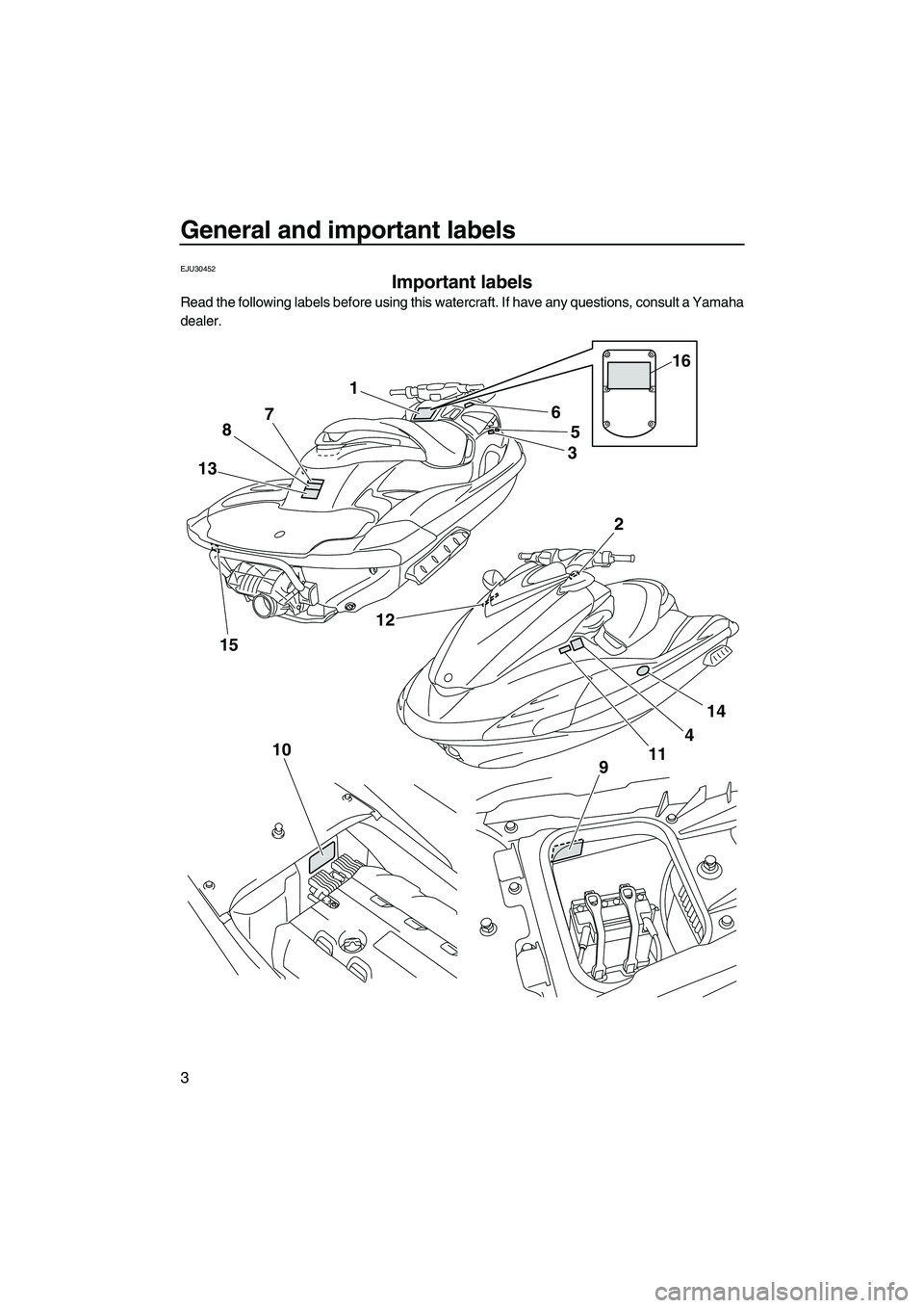 YAMAHA FZR SVHO 2010  Owners Manual General and important labels
3
EJU30452
Important labels 
Read the following labels before using this watercraft. If have any questions, consult a Yamaha
dealer.
1
5
3
4
11 6
87
13
1512
14
2
9 10
16
U