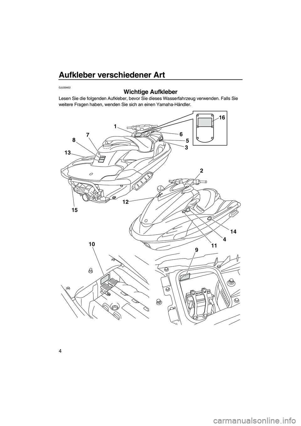 YAMAHA FZR 2010  Betriebsanleitungen (in German) Aufkleber verschiedener Art
4
GJU30452
Wichtige Aufkleber 
Lesen Sie die folgenden Aufkleber, bevor Sie dieses Wasserfahrzeug verwenden. Falls Sie 
weitere Fragen haben, wenden Sie sich an einen Yamah