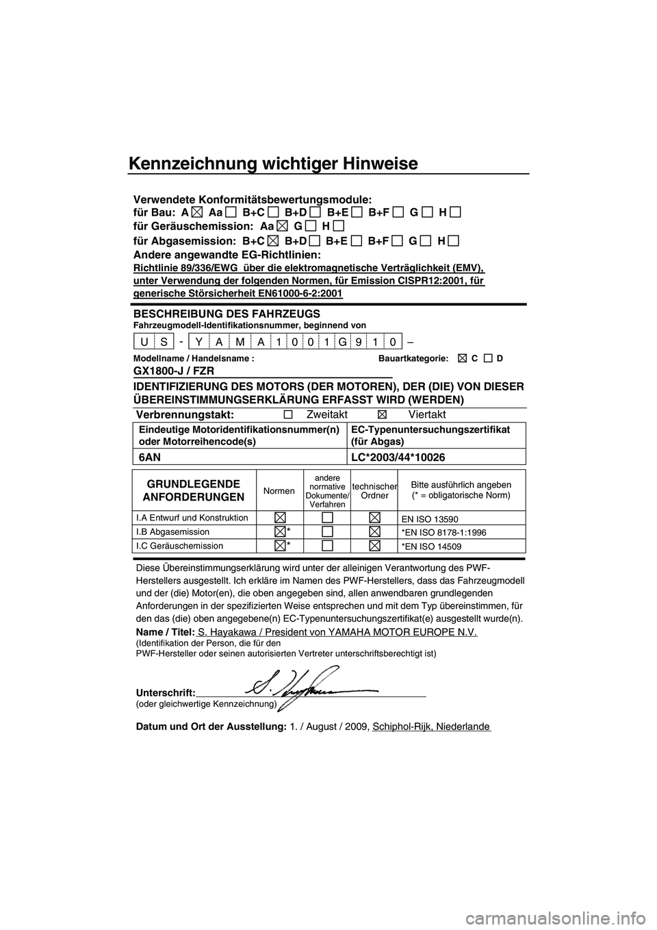 YAMAHA FZR SVHO 2010 Betriebsanleitungen (in German) Kennzeichnung wichtiger Hinweise
Diese Übereinstimmungserklärung wird unter der alleinigen Verantwortung des PWF-
Herstellers ausgestellt. Ich erkläre im Namen des PWF-Herstellers, dass das Fahrzeu YAMAHA FZR SVHO 2010 Betriebsanleitungen (in German) Kennzeichnung wichtiger Hinweise
Diese Übereinstimmungserklärung wird unter der alleinigen Verantwortung des PWF-
Herstellers ausgestellt. Ich erkläre im Namen des PWF-Herstellers, dass das Fahrzeu