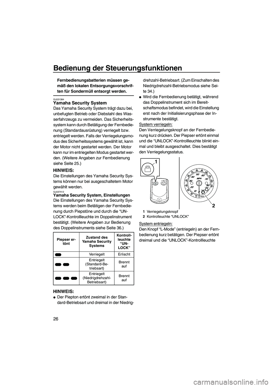 YAMAHA FZR SVHO 2010  Betriebsanleitungen (in German) Bedienung der Steuerungsfunktionen
26
Fernbedienungsbatterien müssen ge-
mäß den lokalen Entsorgungsvorschrif-
ten für Sondermüll entsorgt werden.
GJU31384Yamaha Security System 
Das Yamaha Secur