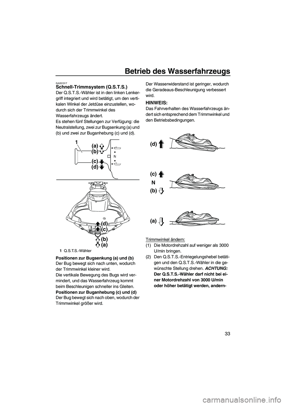 YAMAHA FZR 2010 Betriebsanleitungen (in German) Betrieb des Wasserfahrzeugs
33
GJU31317Schnell-Trimmsystem (Q.S.T.S.)
Der Q.S.T.S.-Wähler ist in den linken Lenker-
griff integriert und wird betätigt, um den verti-
kalen Winkel der Jetdüse einzu YAMAHA FZR 2010 Betriebsanleitungen (in German) Betrieb des Wasserfahrzeugs
33
GJU31317Schnell-Trimmsystem (Q.S.T.S.)
Der Q.S.T.S.-Wähler ist in den linken Lenker-
griff integriert und wird betätigt, um den verti-
kalen Winkel der Jetdüse einzu