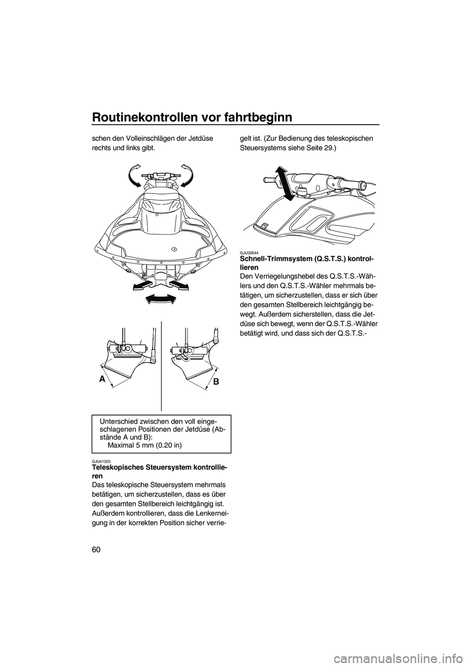 YAMAHA FZR SVHO 2010  Betriebsanleitungen (in German) Routinekontrollen vor fahrtbeginn
60
schen den Volleinschlägen der Jetdüse 
rechts und links gibt.
GJU41320Teleskopisches Steuersystem kontrollie-
ren 
Das teleskopische Steuersystem mehrmals 
betä