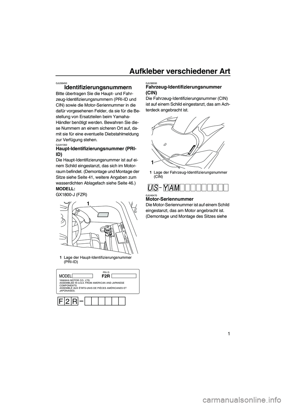 YAMAHA FZR SVHO 2010 Betriebsanleitungen (in German) Aufkleber verschiedener Art
1
GJU36450
Identifizierungsnummern
Bitte übertragen Sie die Haupt- und Fahr-
zeug-Identifizierungsnummern (PRI-ID und
CIN) sowie die Motor-Seriennummer in die
dafür vo YAMAHA FZR SVHO 2010 Betriebsanleitungen (in German) Aufkleber verschiedener Art
1
GJU36450
Identifizierungsnummern
Bitte übertragen Sie die Haupt- und Fahr-
zeug-Identifizierungsnummern (PRI-ID und
CIN) sowie die Motor-Seriennummer in die
dafür vo