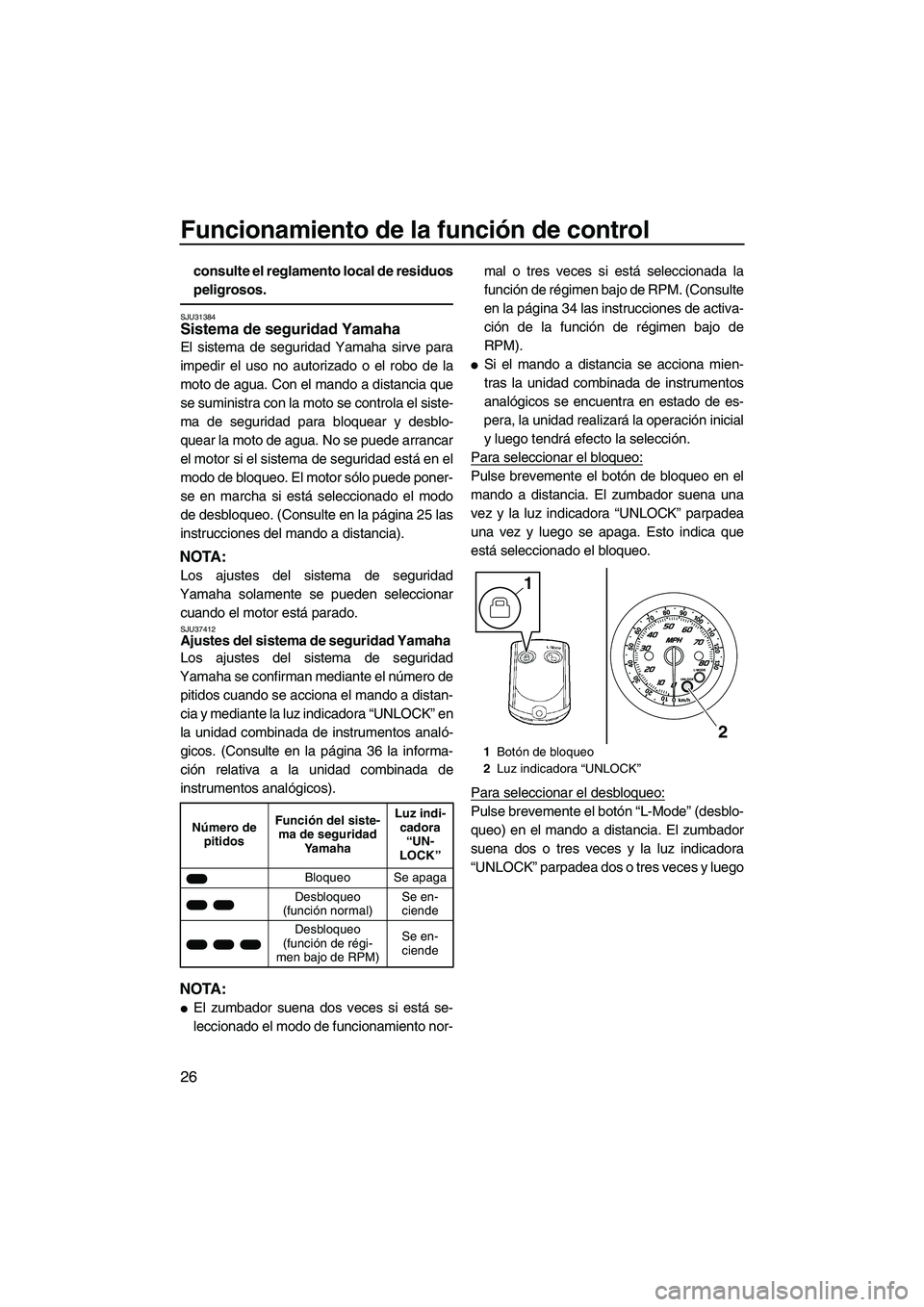 YAMAHA FZR SVHO 2010  Manuale de Empleo (in Spanish) Funcionamiento de la función de control
26
consulte el reglamento local de residuos
peligrosos.
SJU31384Sistema de seguridad Yamaha 
El sistema de seguridad Yamaha sirve para
impedir el uso no autori